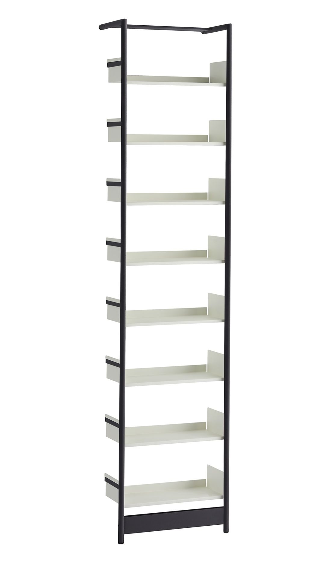 Pool 183 CD-Regal von Mox, schlankes Designregal mit schwarzen Metallrahmen und weißen Regalböden.