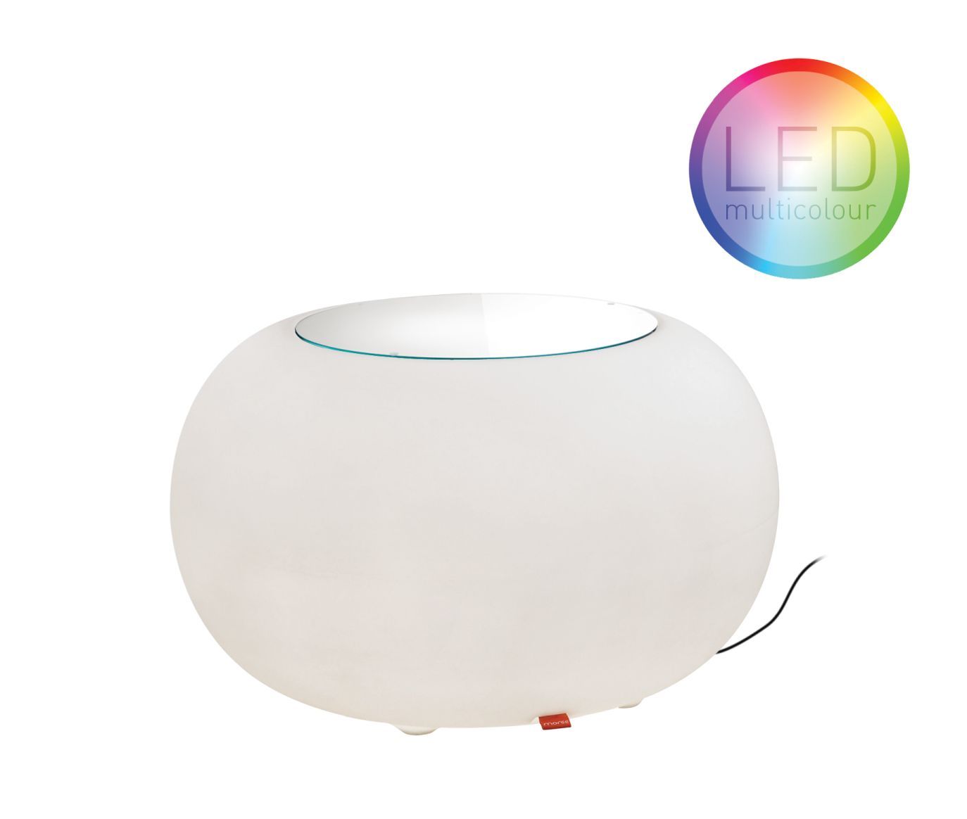 Moree Bubble LED Outdoor Beistelltisch, Sitzgelegenheit mit rotem Kissen, weiße Kugel.