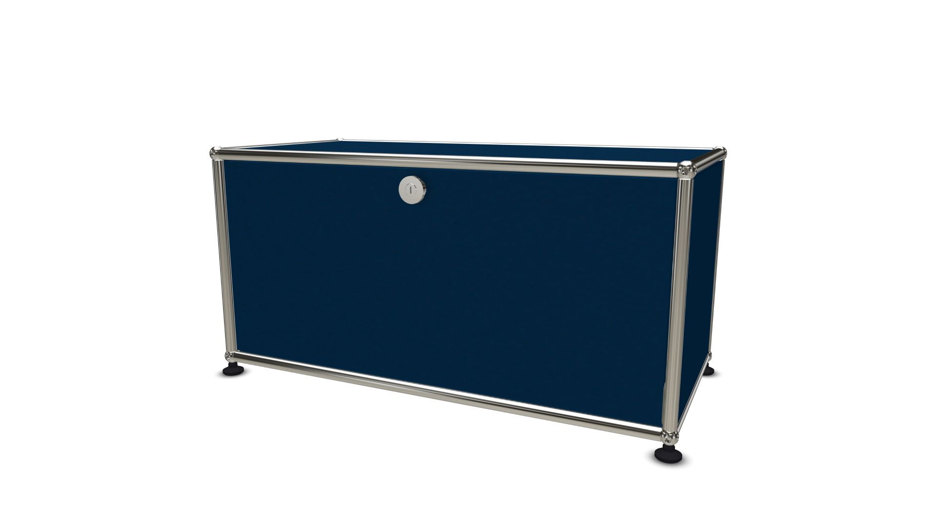 USM Haller Lowboard in Stahlblau mit einer Klappe, modernes Designmöbel für Wohnzimmer und Büro.