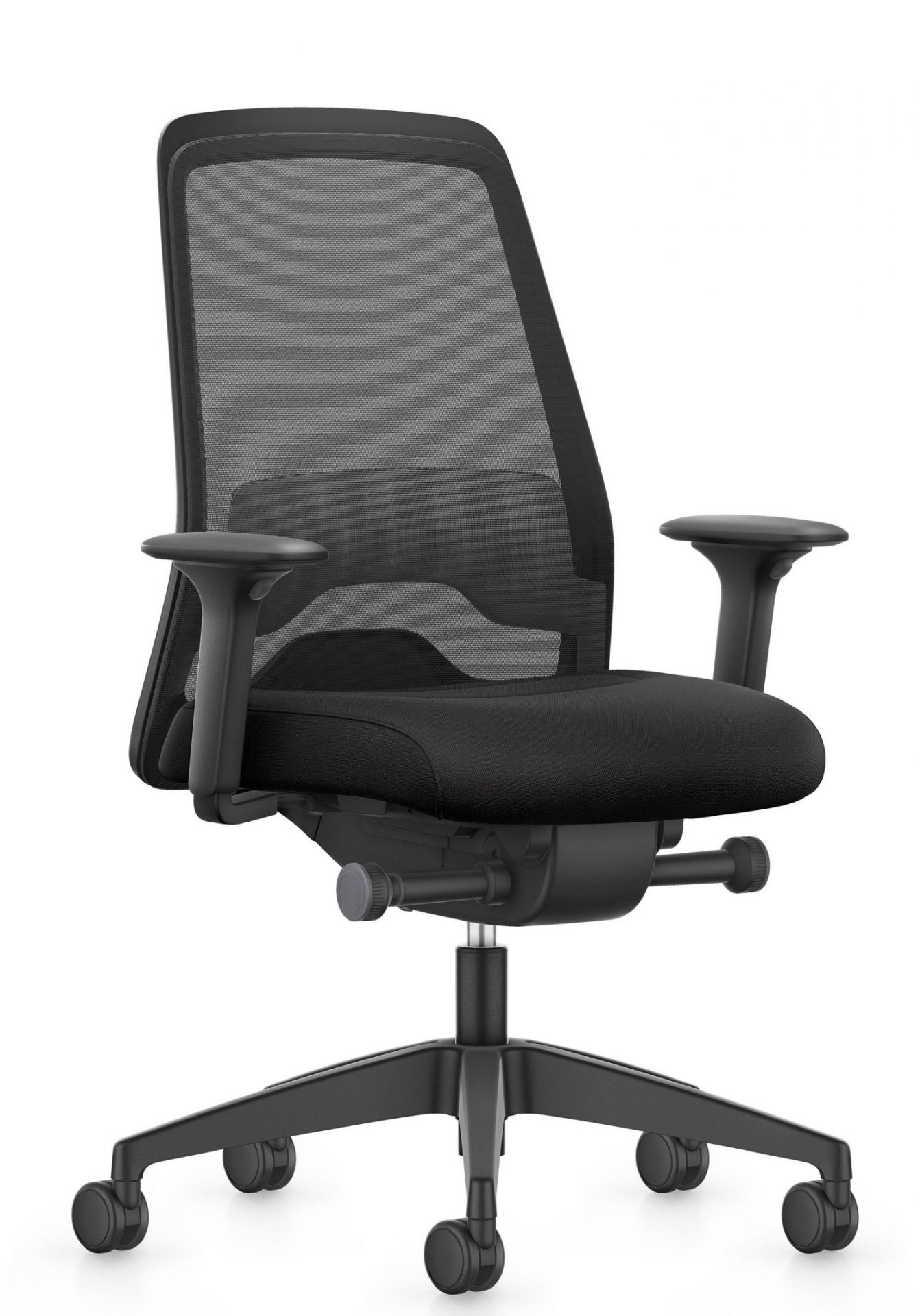 Schwarzer Everyis EV216 Drehstuhl von Interstuhl mit Netzrücken und Armlehnen, ergonomischer Bürostuhl für Komfort.