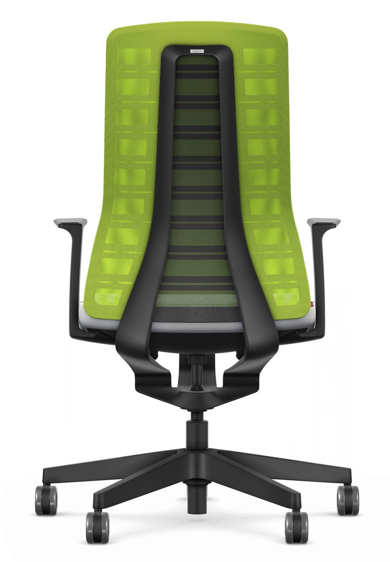 Rückansicht des Interstuhl Bürodrehstuhls Pure Edition in Grün-Hellgrau mit schwarzem Fußkreuz.