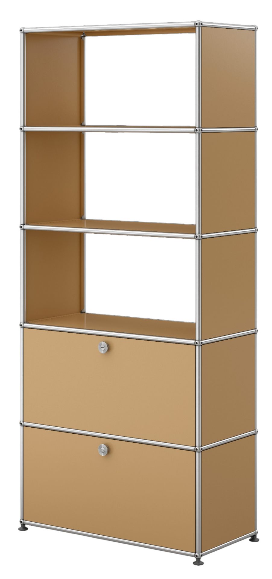 Beiges USM Haller Regal mit zwei Klappen und offenen Fächern, modernes modulares Möbeldesign.