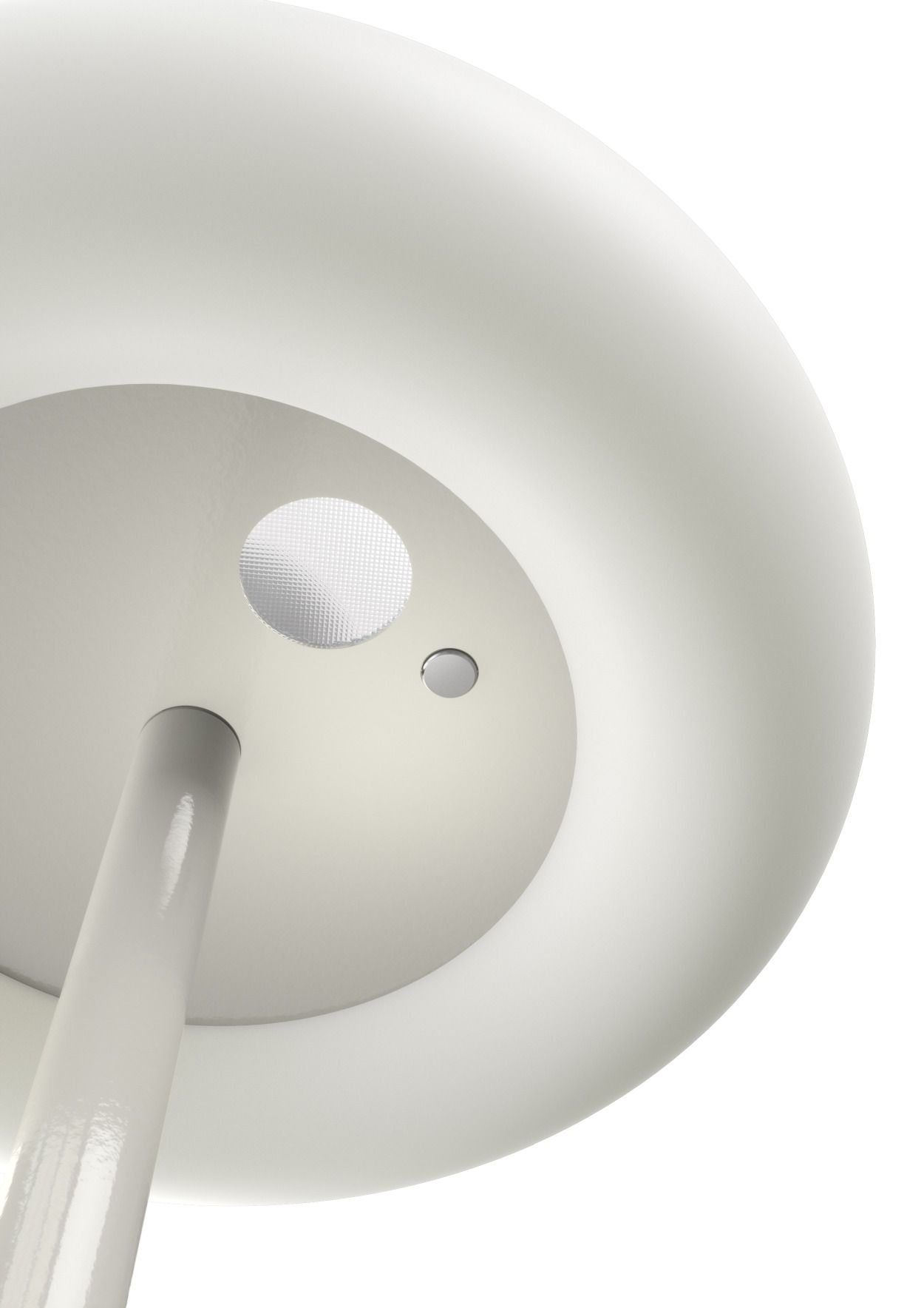 Detailaufnahme der Belux Oto Stehleuchte in Hellgrau, mit runder Form und warmweißem Licht.