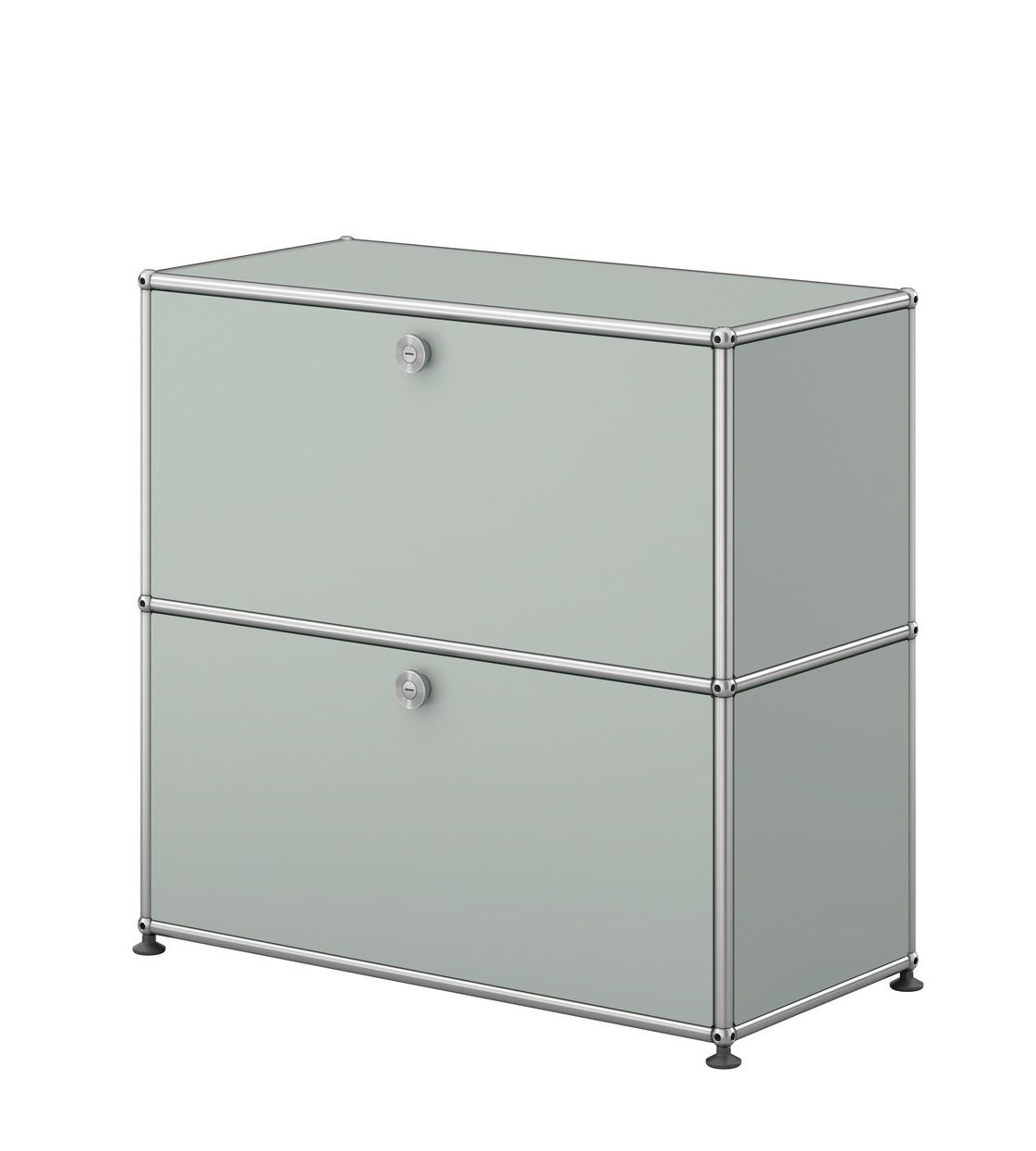 USM Haller Sideboard klein in Lichtgrau mit zwei abschließbaren Fächern und verchromtem Gestell.