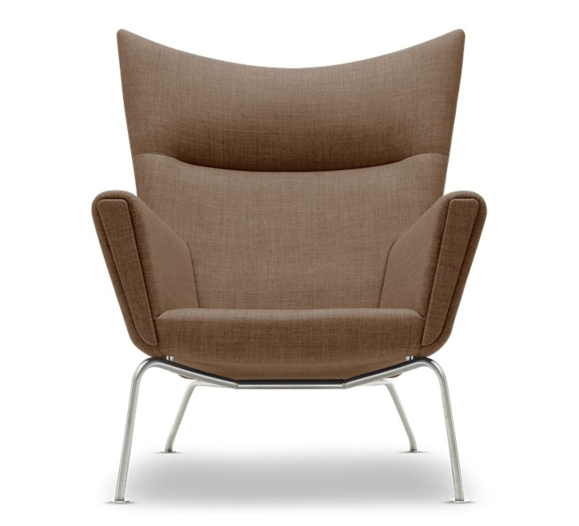 CH445 Wing Chair von Carl Hansen & Søn, brauner Sessel mit Stahlgestell.