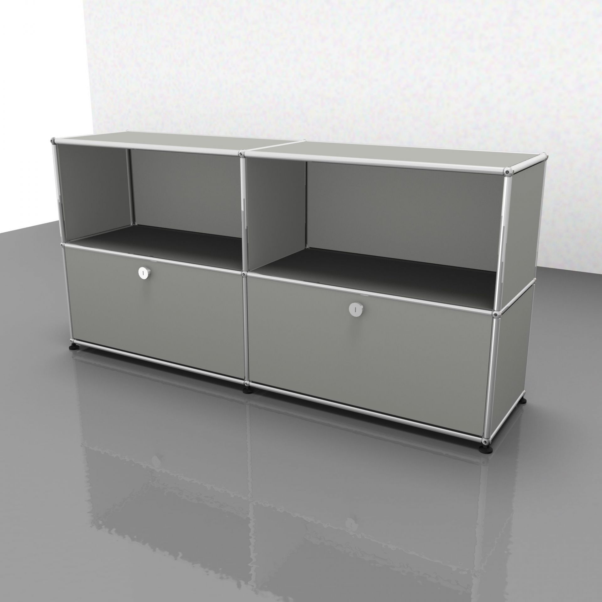 USM Haller Sideboard mit Schubladen in Lichtgrau, modernes modulares Möbeldesign für Wohnzimmer und Büro.