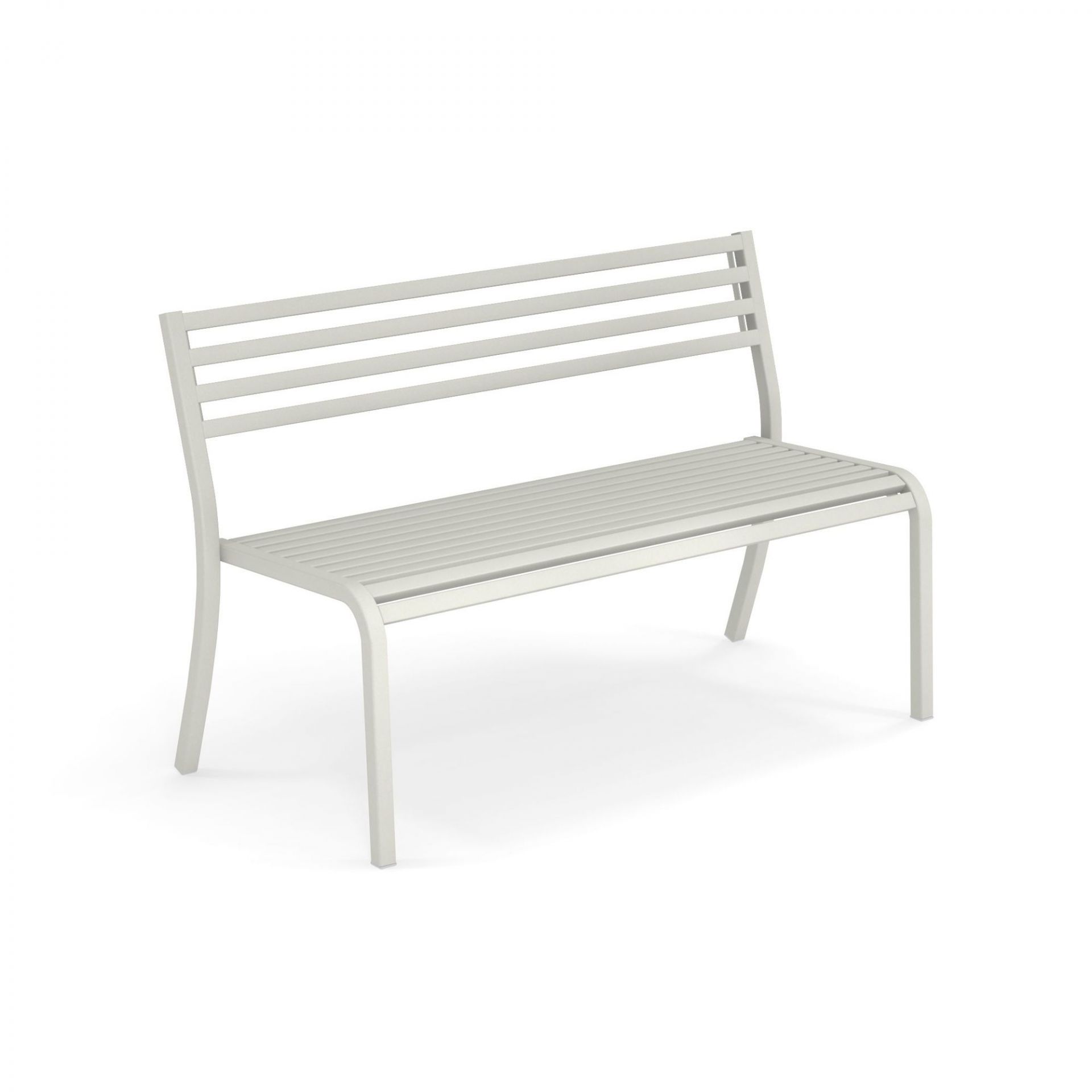Weiße Emu Segno Bank mit Rückenlehne, Gartenbank aus Metall für den Außenbereich.