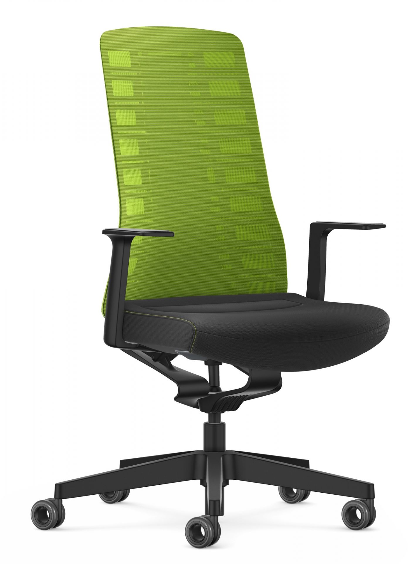 Grüner Interstuhl Bürostuhl mit schwarzer Sitzfläche und Rollen. Ergonomischer Drehstuhl für das Büro.