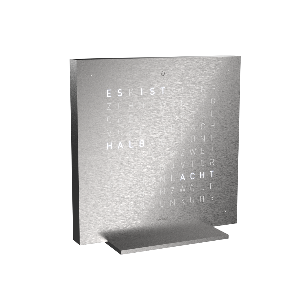 Earth 13.5 Steel Series Tischuhr / Zeitobjekt Deutsch QLOCKTWO 