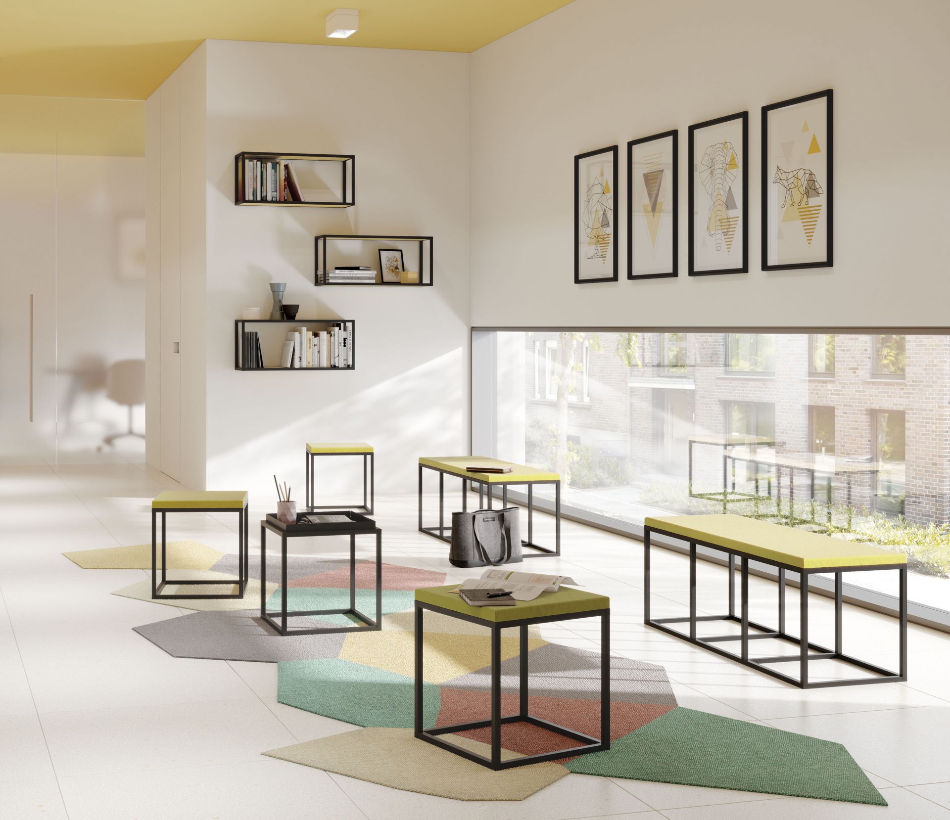 Modernes Büro mit Palmberg Regalen und Sitzmöbeln in Gelb und Schwarz. Büroregal für stilvolle Büroeinrichtung.