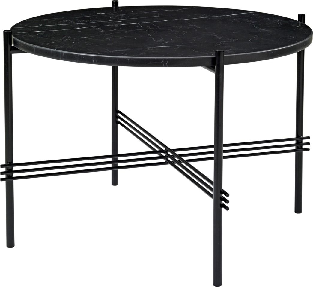 TS Coffee Table mit schwarzer Marquina Marmorplatte und filigranem, schwarzem Metallgestell von Gubi.