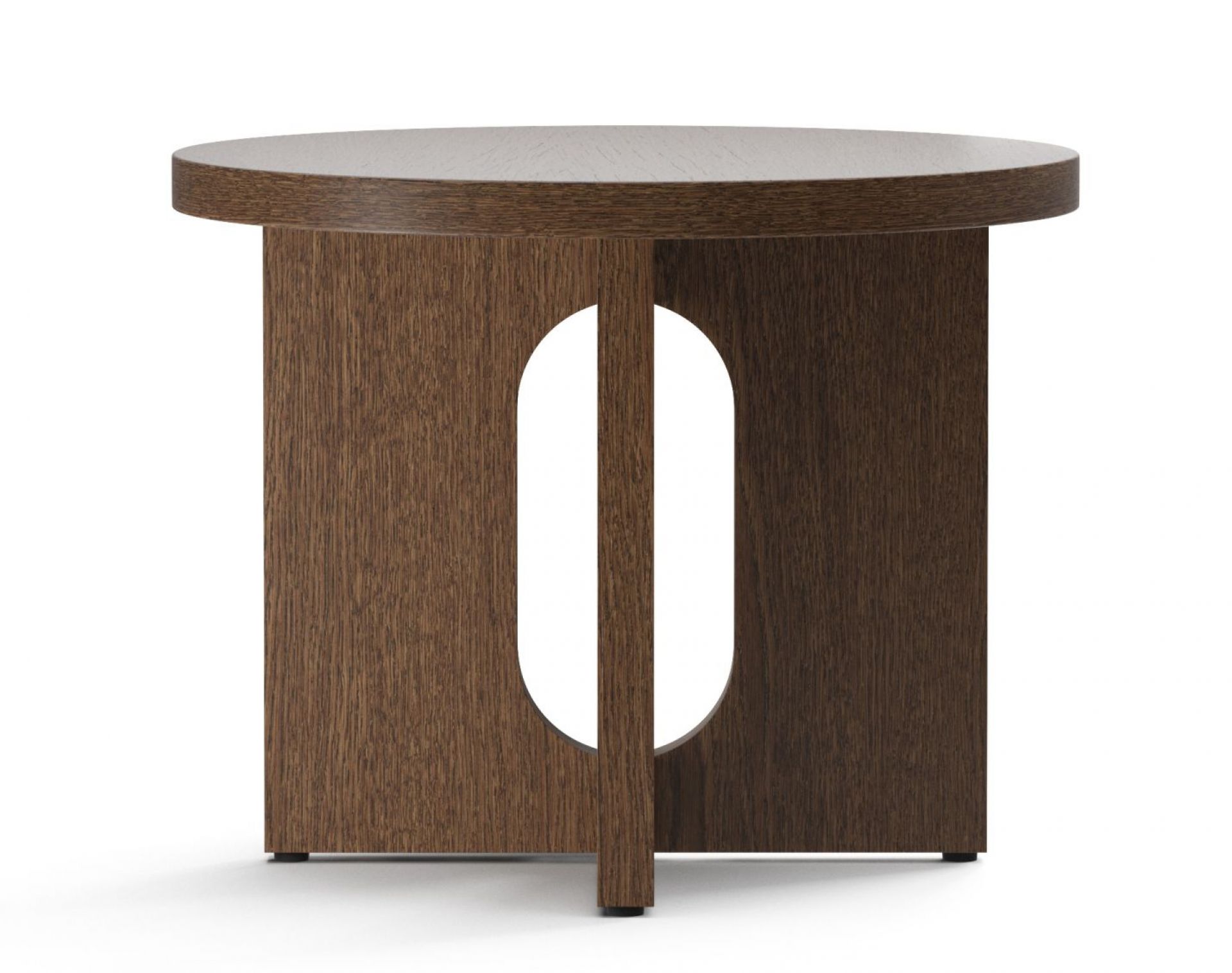 Androgyne Beistelltisch: Runder Tisch aus dunkel gebeizter Eiche mit offenem, modernem Design.