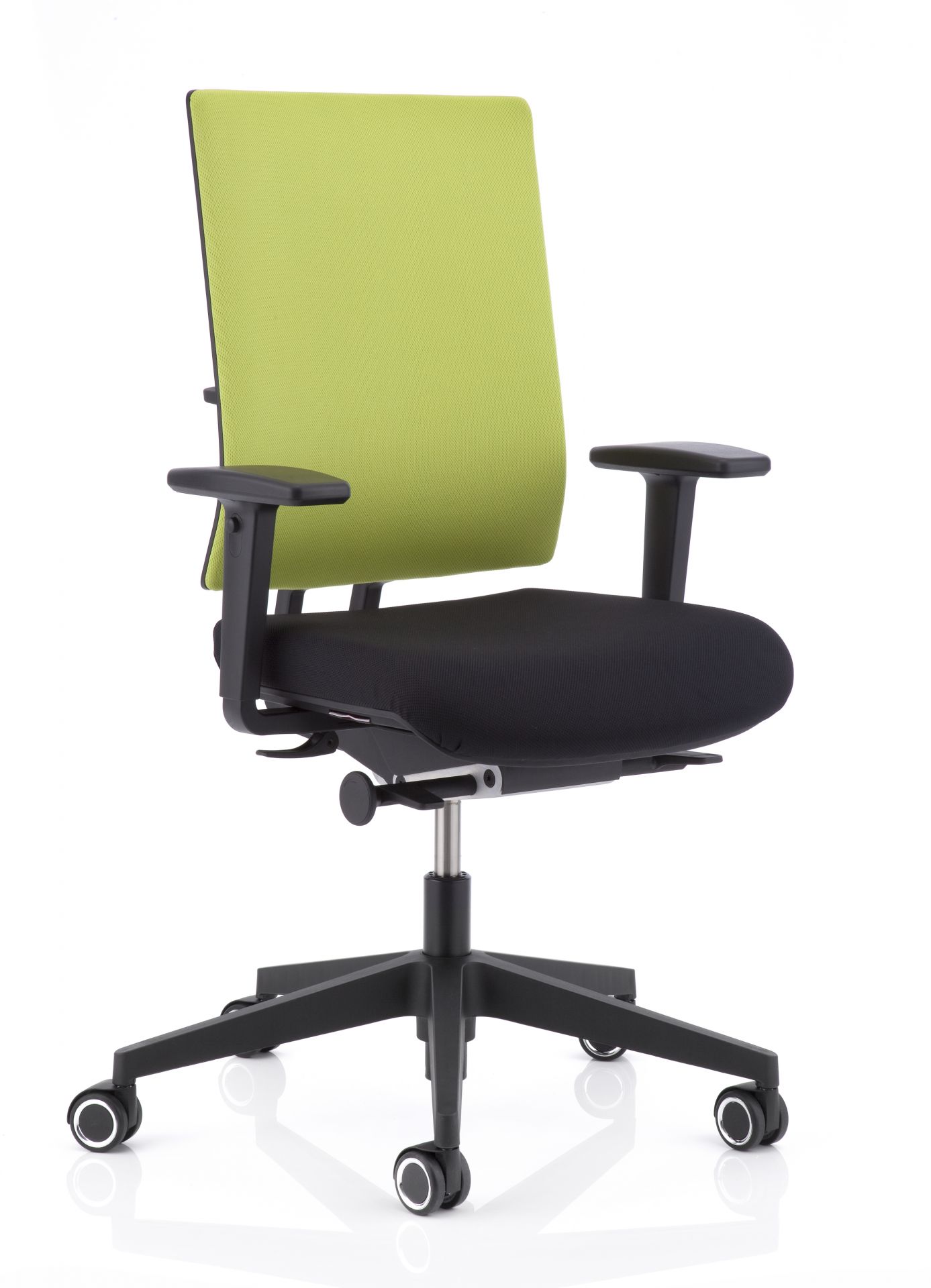 Anteo Bürostuhl mit grüner Rückenlehne und schwarzer Sitzfläche, ergonomischer Drehstuhl für das Büro.
