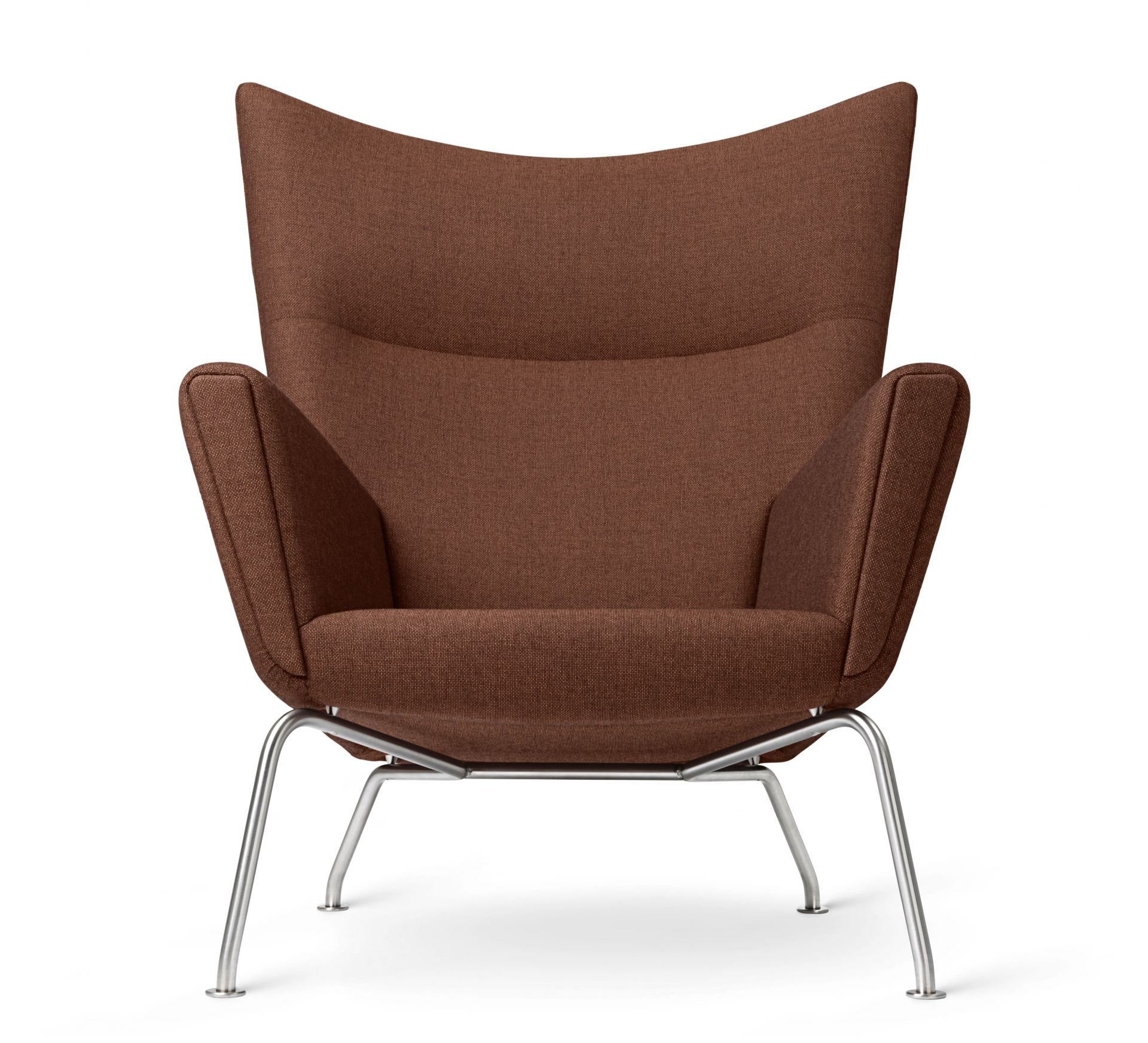 CH445 Sessel von Carl Hansen & Søn mit braunem Stoffbezug und Stahlgestell.