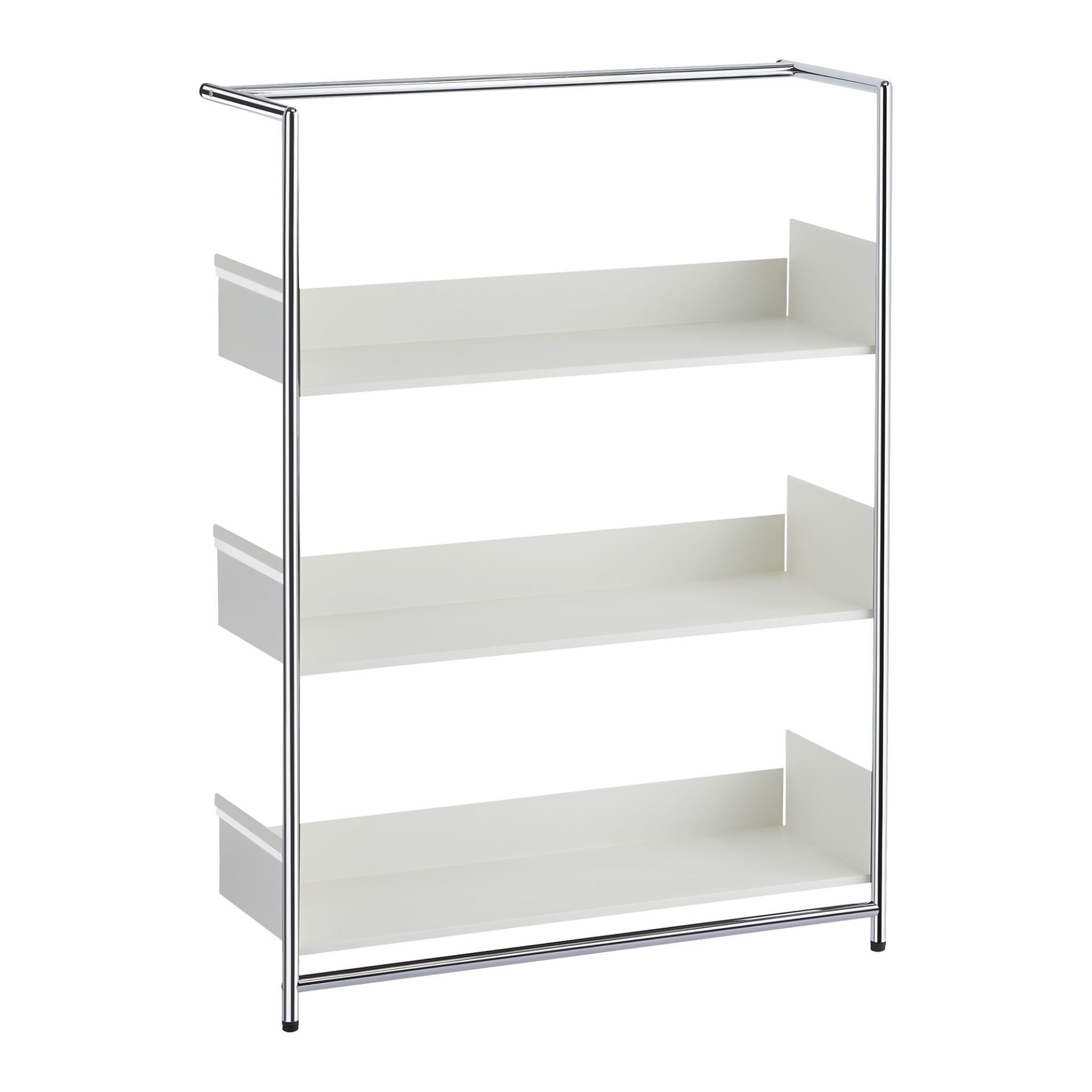 Pool 110 Anlehnregal von Mox mit drei weißen Regalböden und verchromtem Stahlgestell, freistehend.