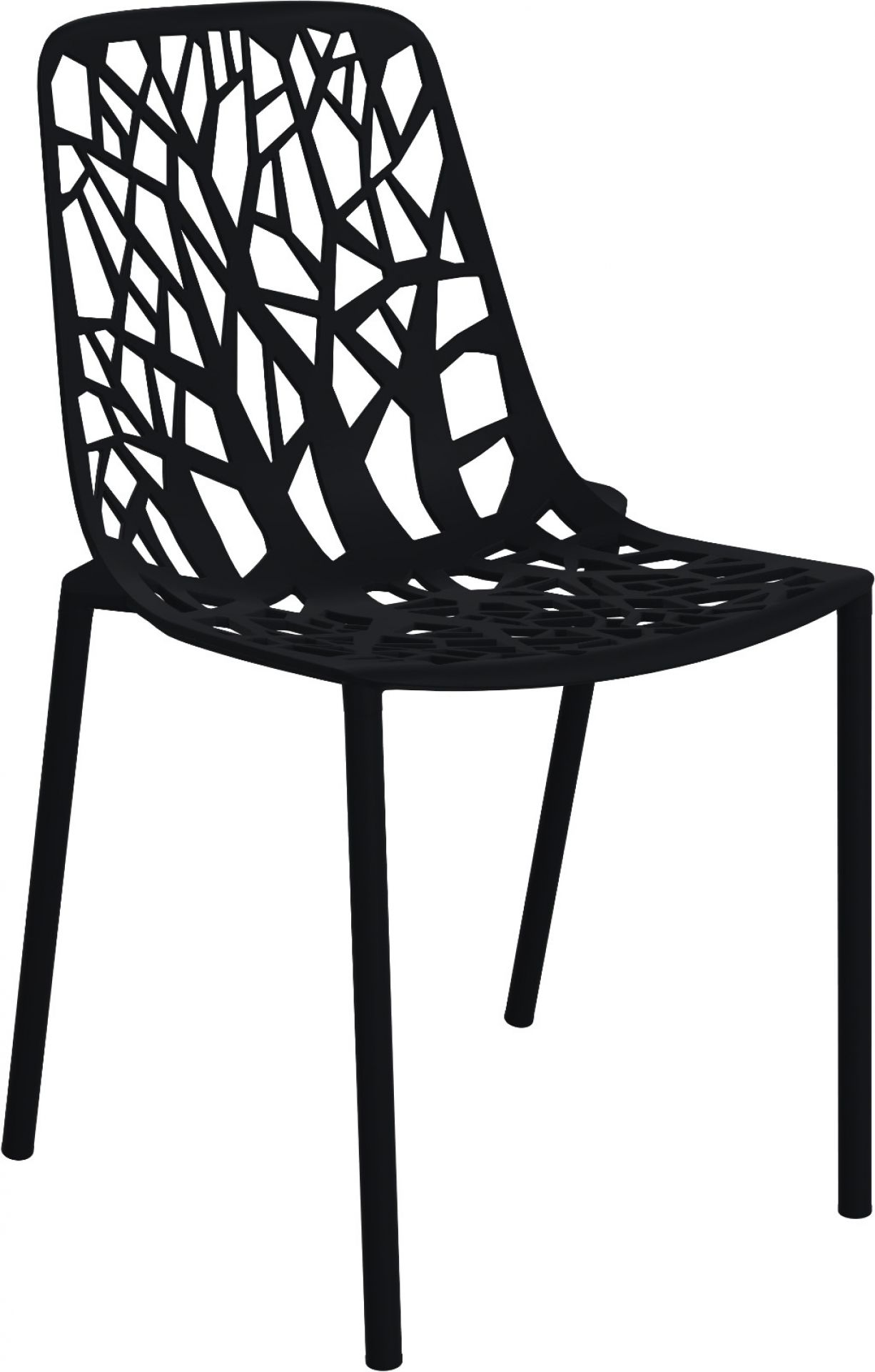 Schwarzer Forest Stuhl mit Baumdesign für Outdoor und Garten, moderner Designstuhl mit vier Beinen.