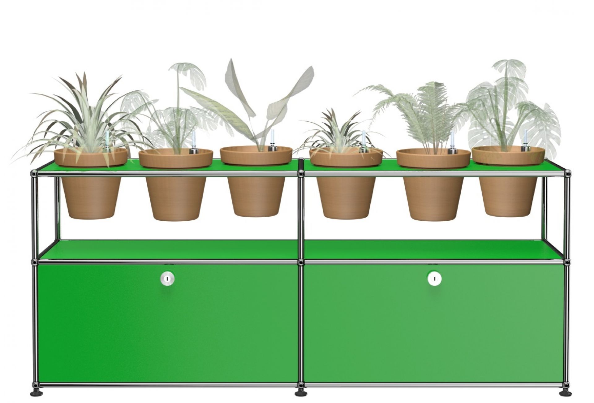 Grünes USM Haller Sideboard mit Pflanzen in Töpfen, modernes Designmöbel für Wohnraum und Büro.