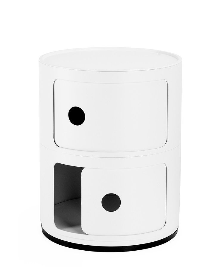 Weißer Componibili 2er Container von Kartell mit zwei Fächern, eines davon geöffnet, für moderne Aufbewahrung.