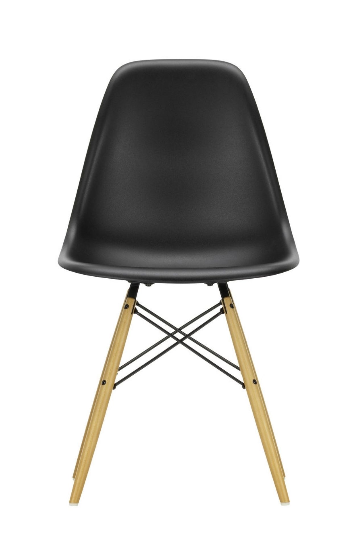 Schwarzer Eames Plastic Side Chair mit Ahorn-Holzbeinen und schwarzem Drahtgestell von Vitra. Designklassiker Stuhl.