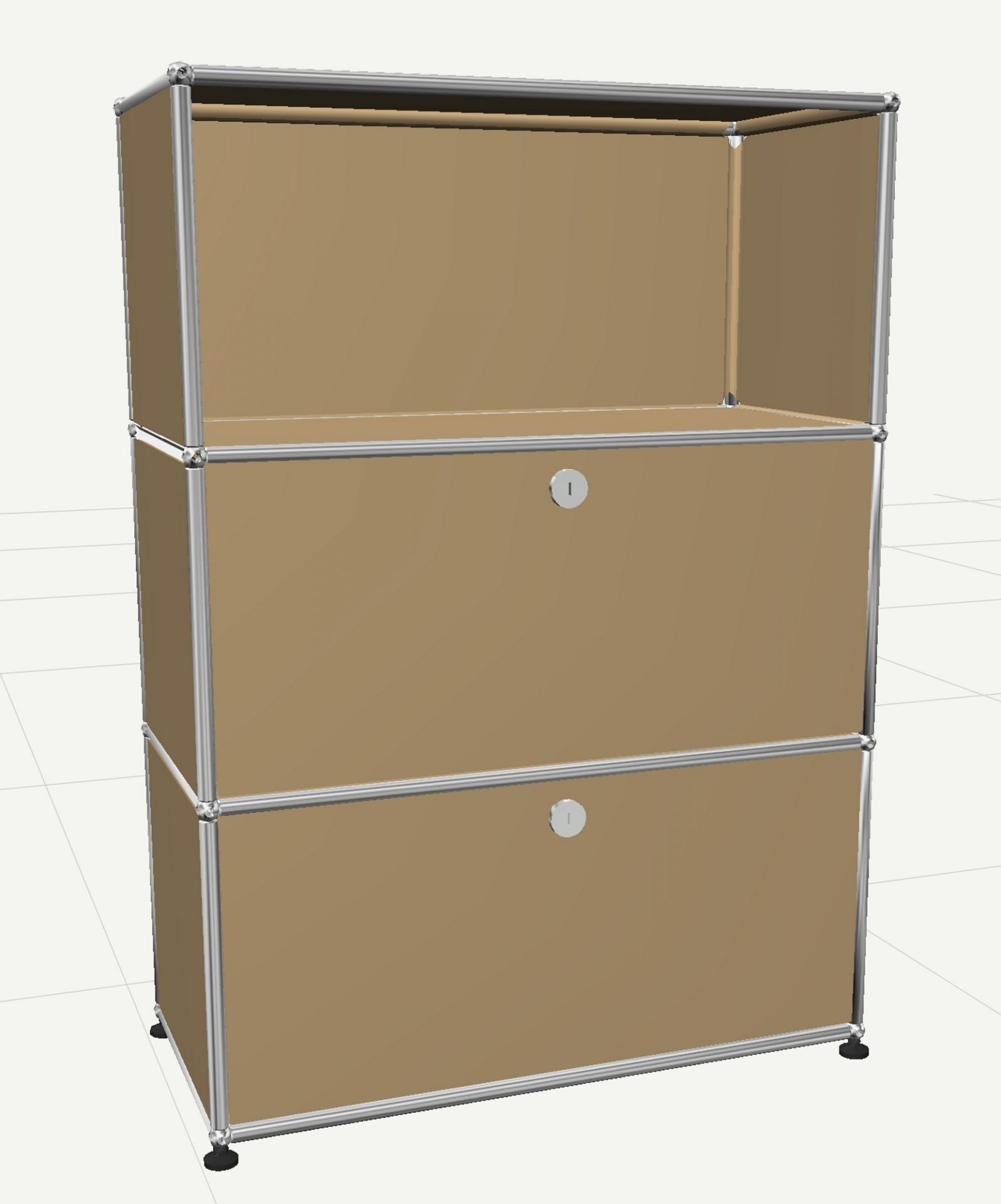 USM Haller Highboard in Beige mit zwei Klappen und einem offenen Fach, modernes Designmöbel.