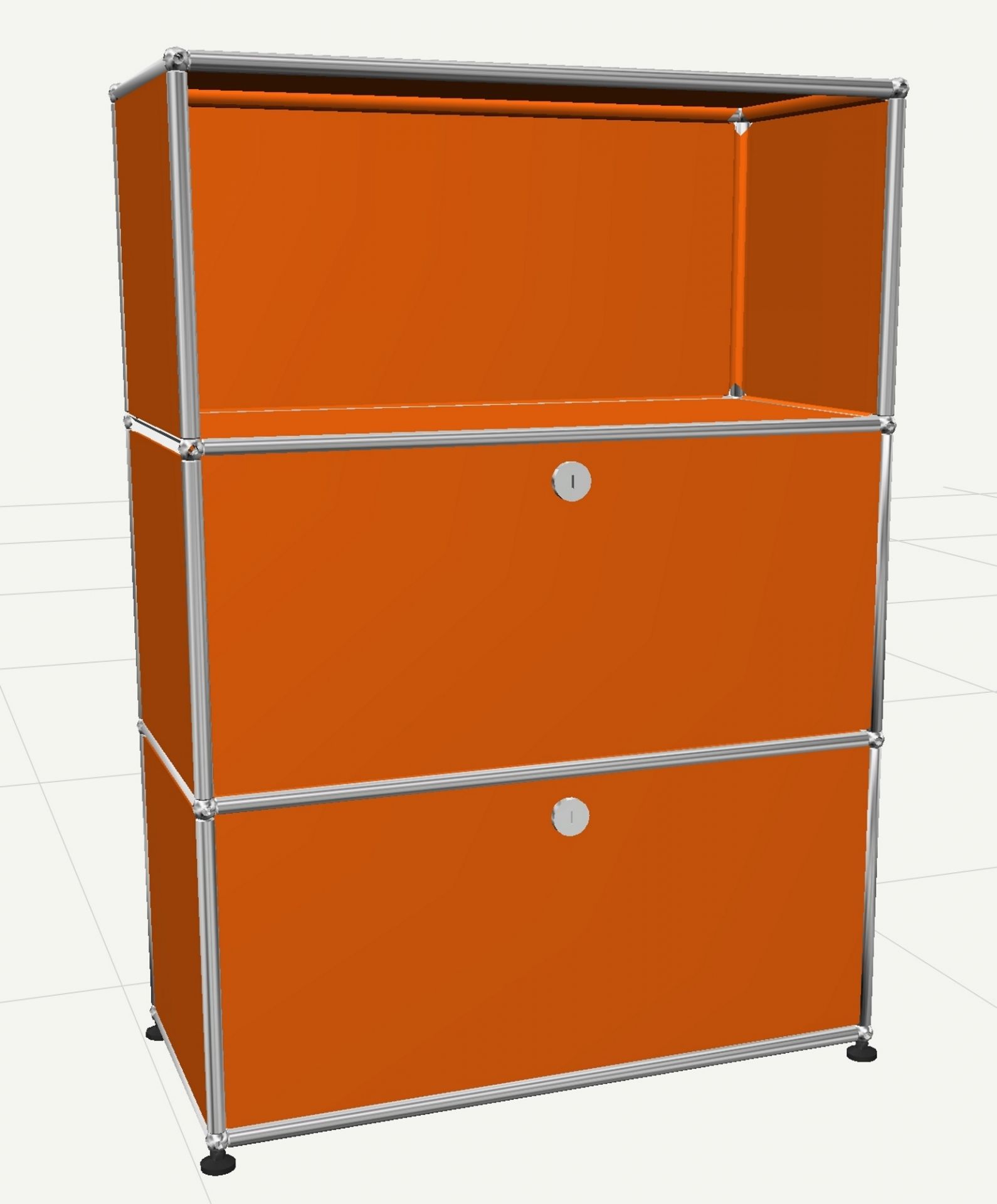 USM Haller Highboard in Reinorange mit zwei Klappen und einem offenen Fach, modernes Designmöbel.