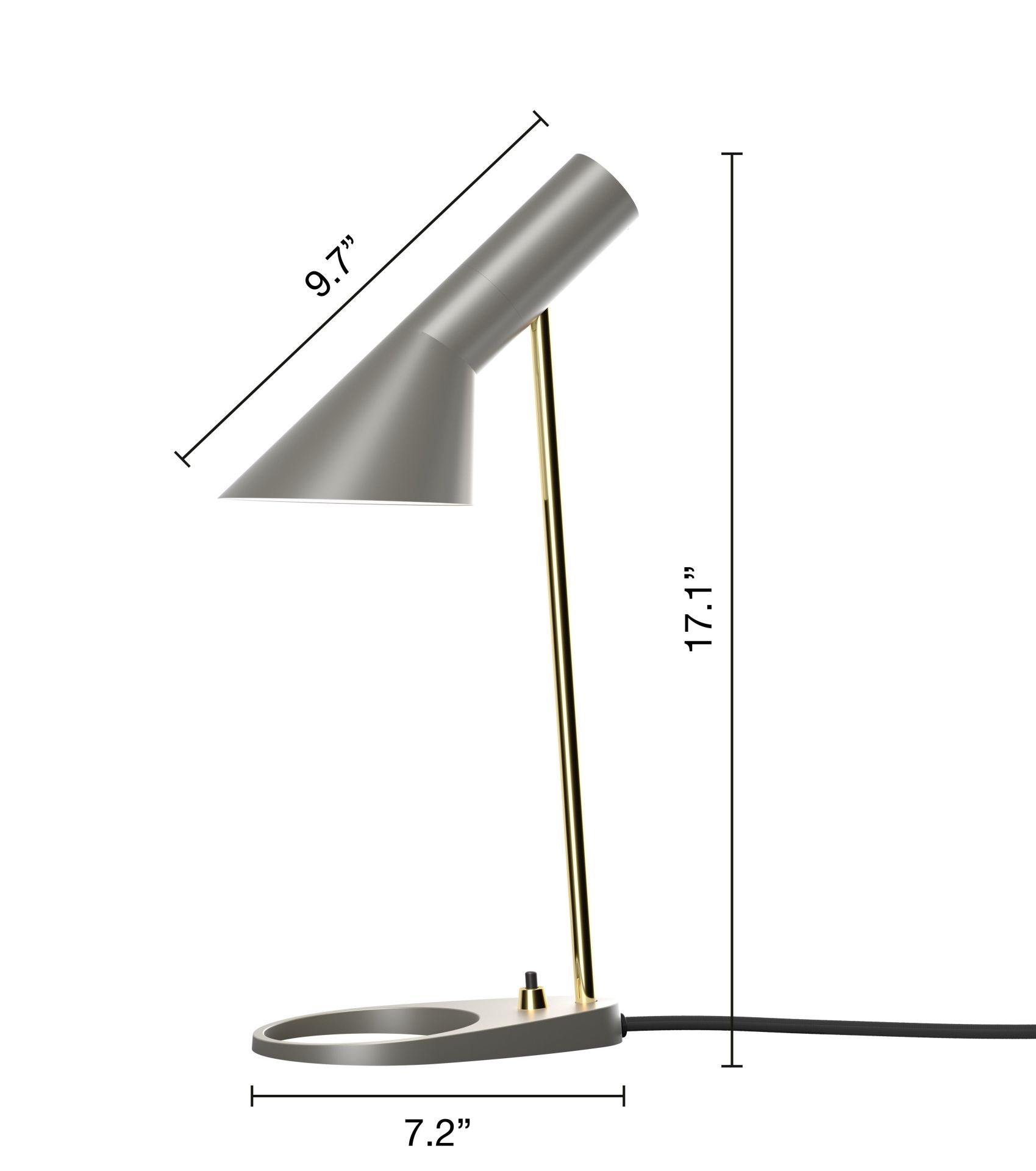 AJ Mini Tischleuchte von Louis Poulsen in Grau mit goldenem Ständer, Design Lampe.
