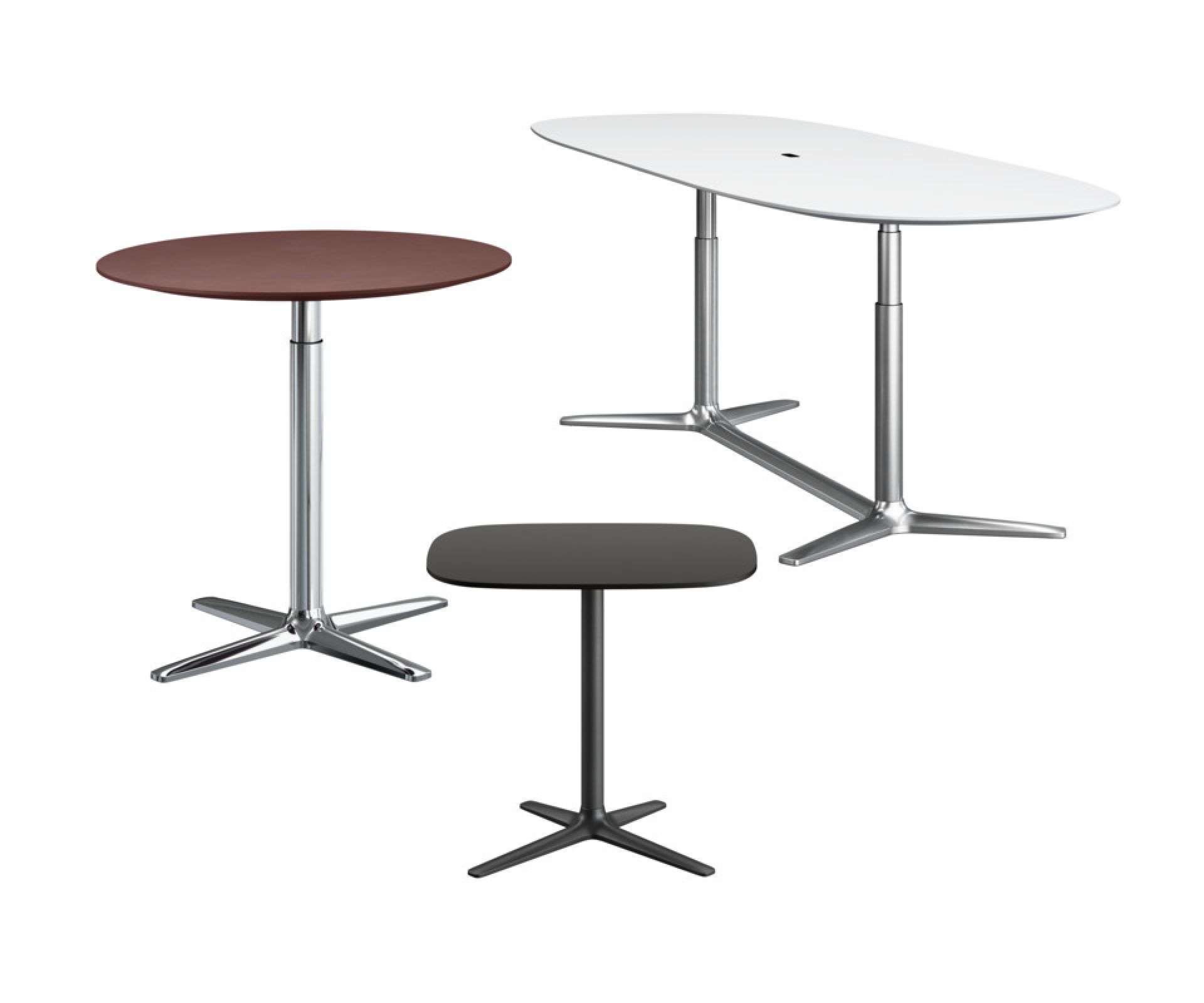 Brunner Lift Stehtische: Höhenverstellbare Konferenztische in verschiedenen Formen und Farben für moderne Büros.