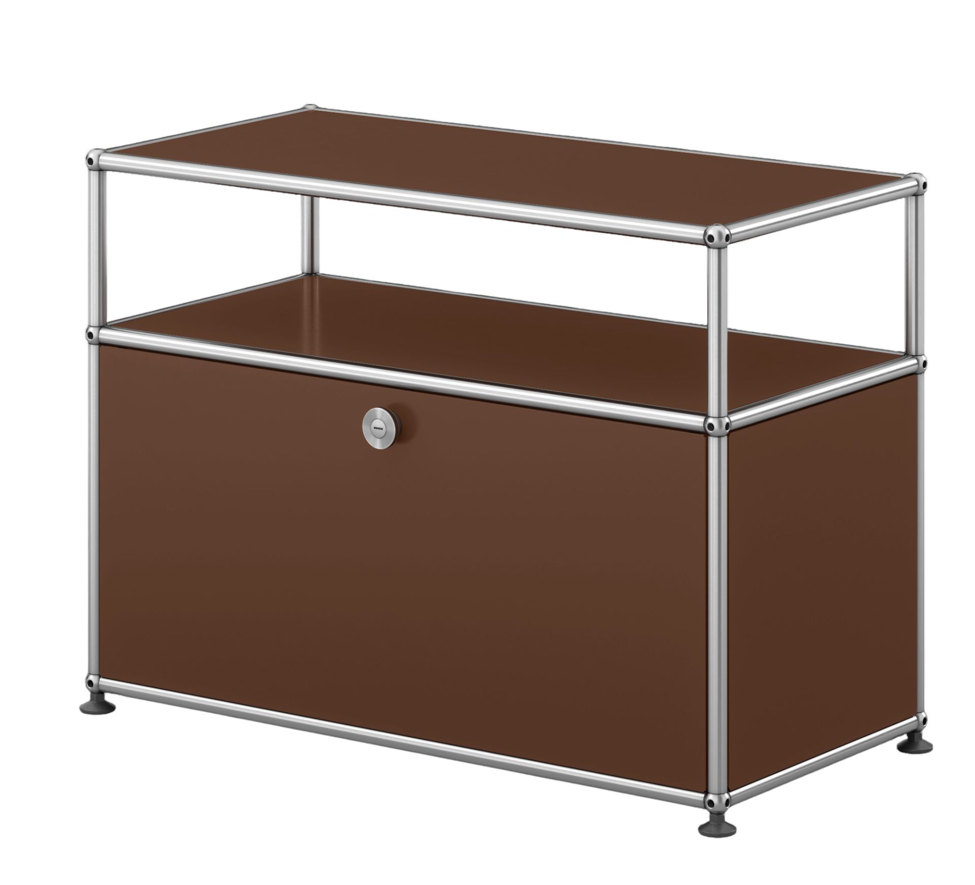 Braunes USM Haller Beistellmöbel mit einer Klappe und verchromtem Gestell, ideal als Nachttisch oder Sideboard.