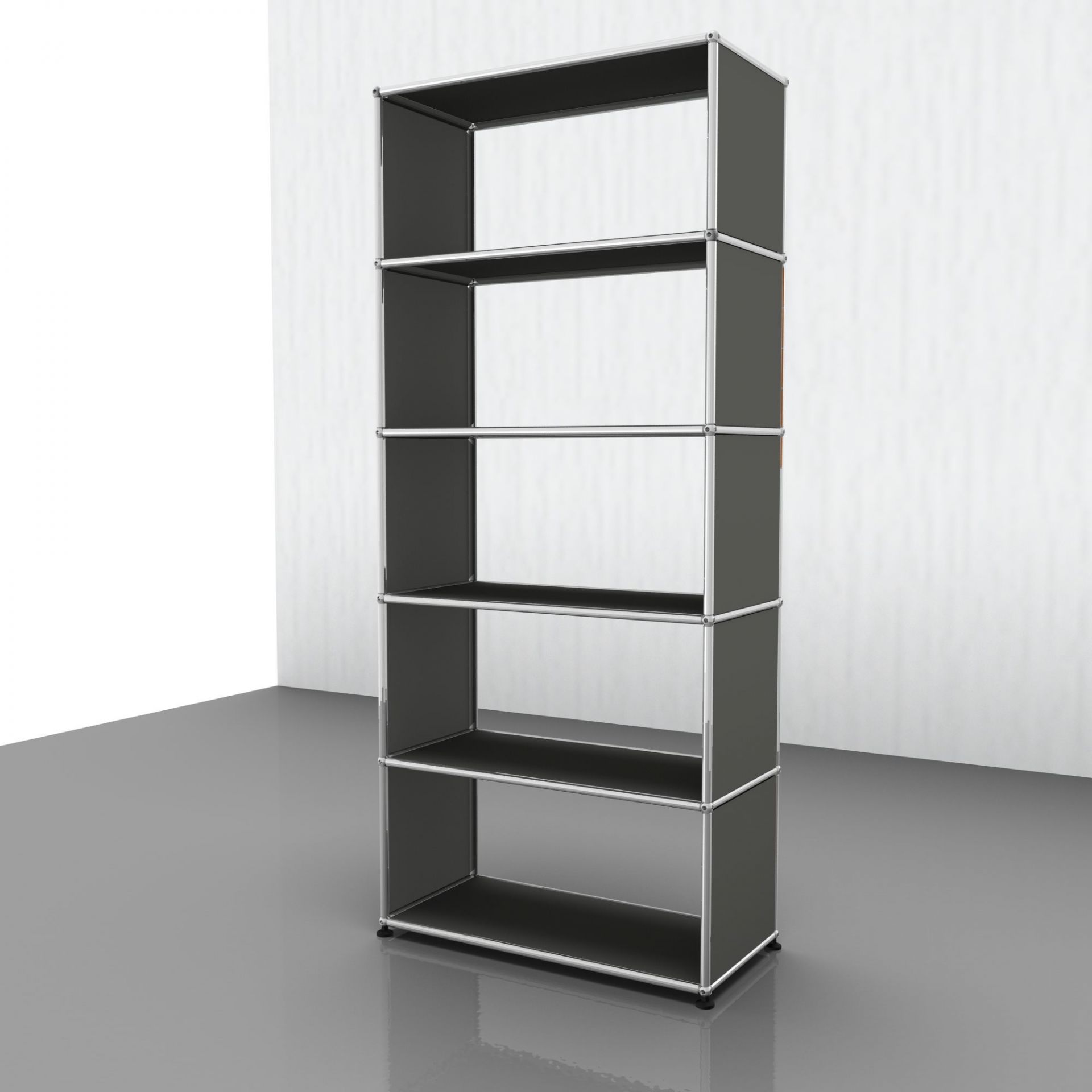 Mittelgraues USM Haller Regal mit fünf Fächern, modernes modulares Regalsystem für Wohnen und Büro.