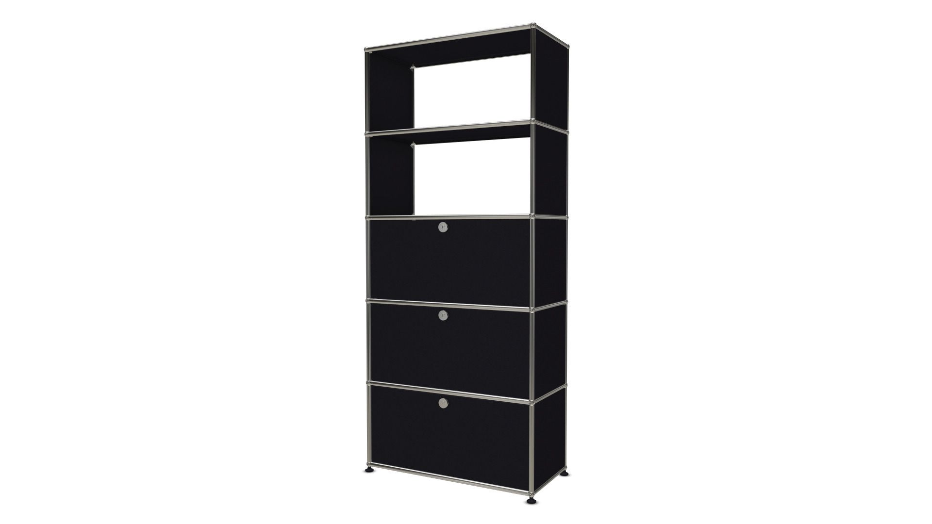 Schwarzes USM Haller Regal mit einer Schublade und zwei Klappen für modernes Wohnen und Büro.