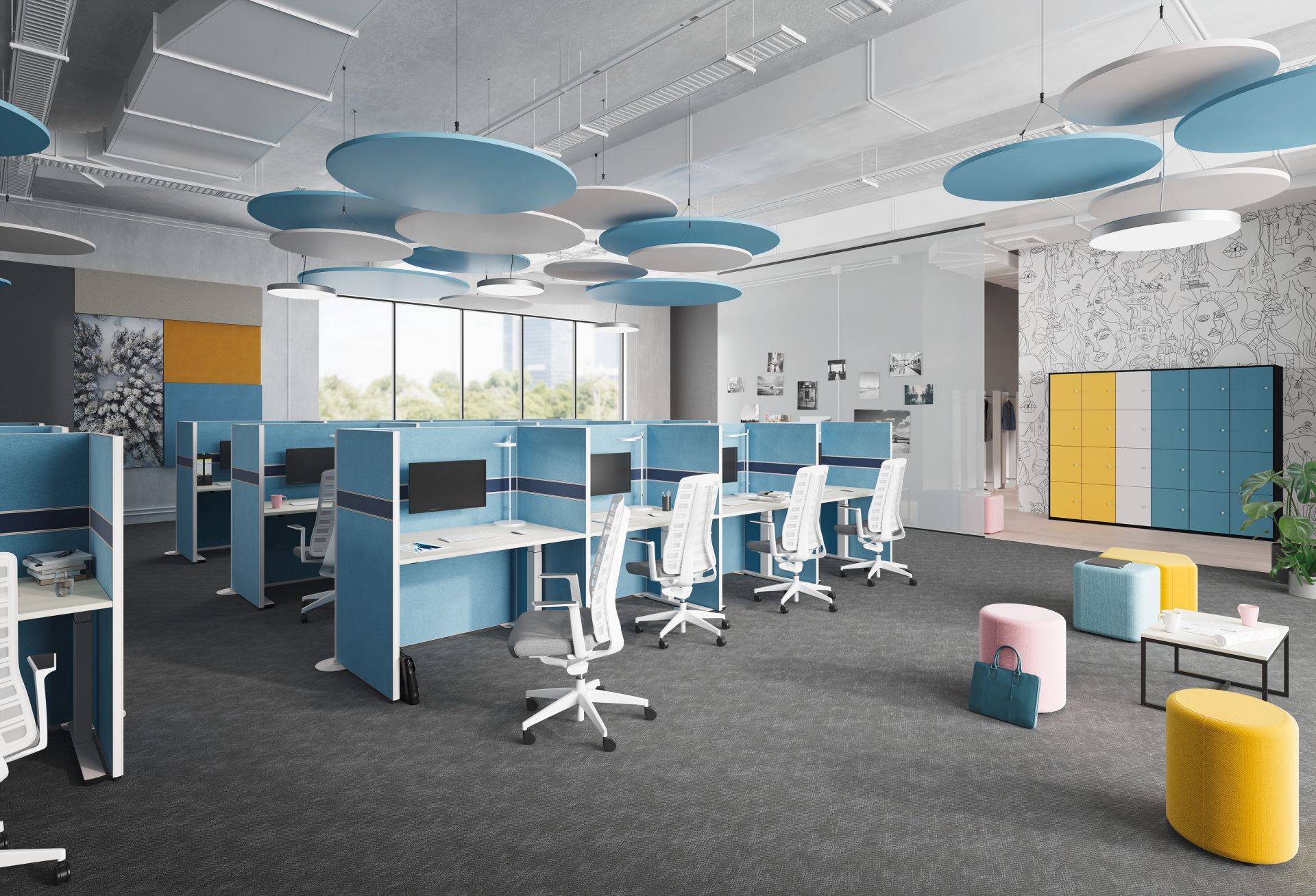 Büro mit Palmberg Terio Plus Akustikpaneelen an der Decke zur Schallabsorption und Schreibtischen mit Trennwänden.