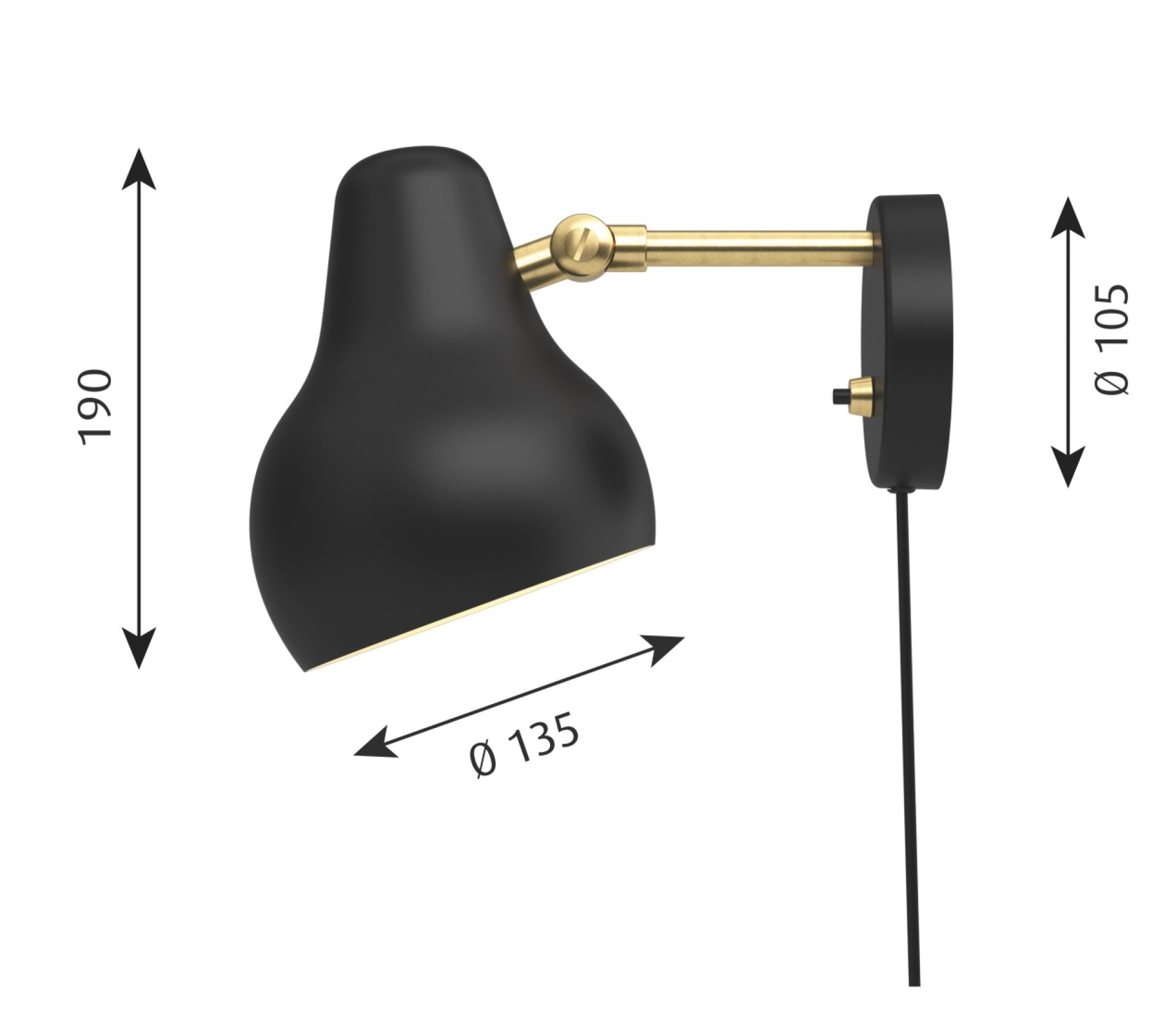 VL38 Wandleuchte von Louis Poulsen in Schwarz, Detailansicht mit Maßangaben, moderne Wandlampe für Innenräume.