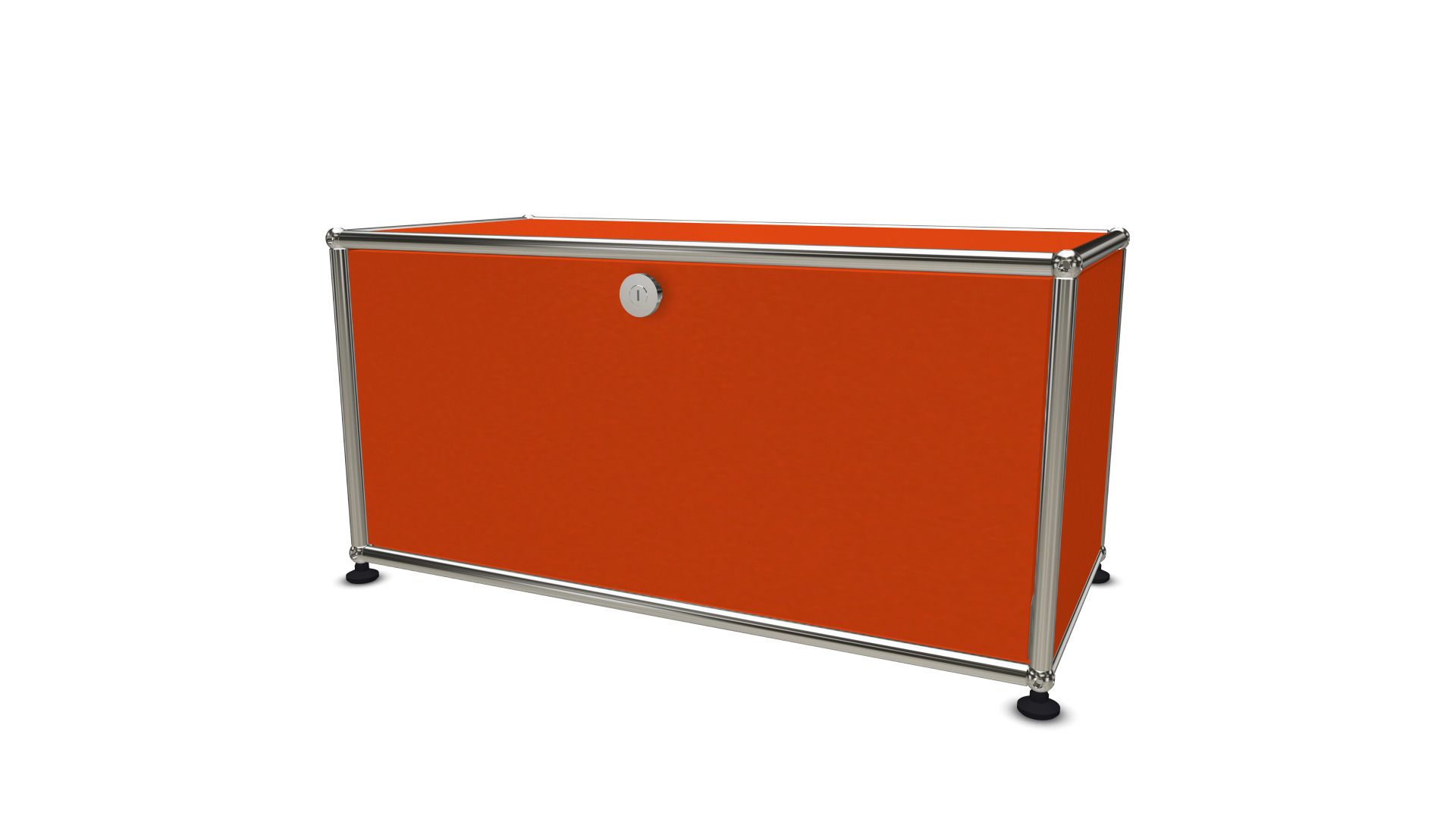 USM Haller Lowboard in Orange mit einer Klappe, modernes Designmöbel für Wohnzimmer und Büro.