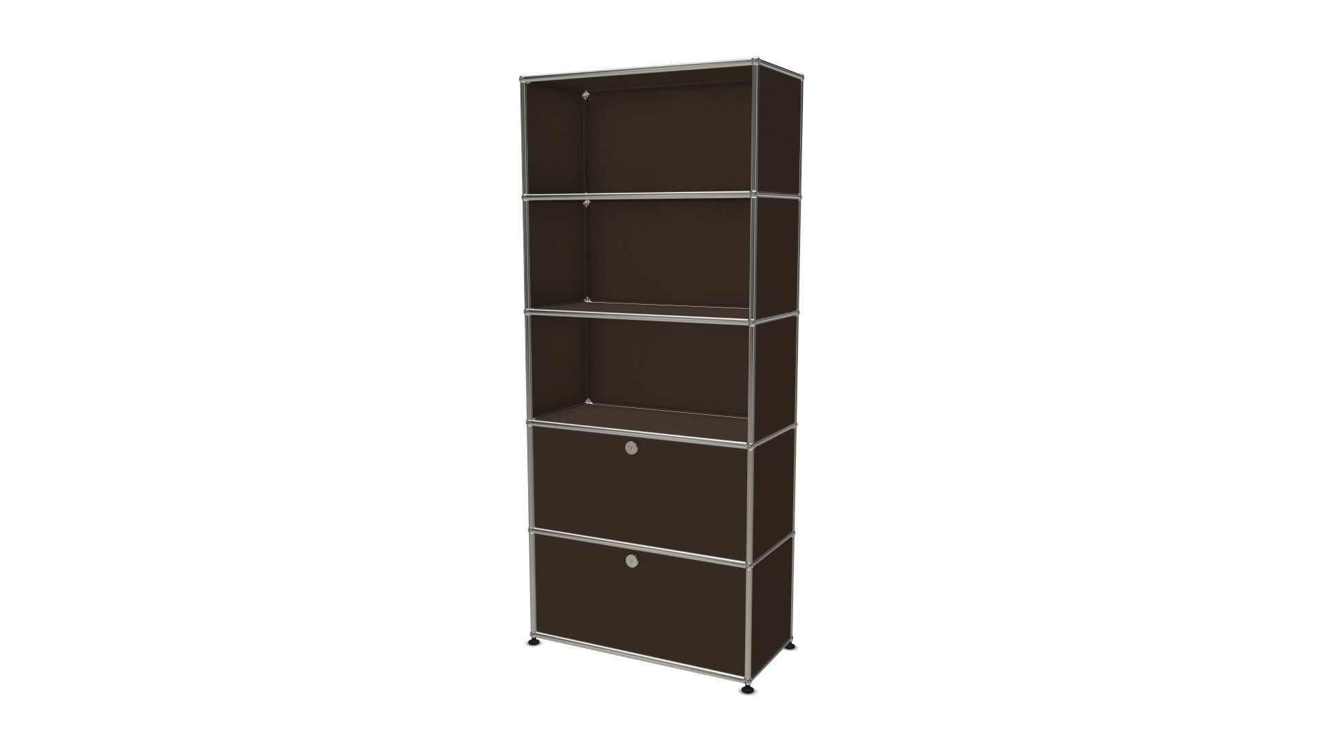 USM Haller Regal in Braun mit zwei Klappen, modulare Möbel für Wohnzimmer und Büro.