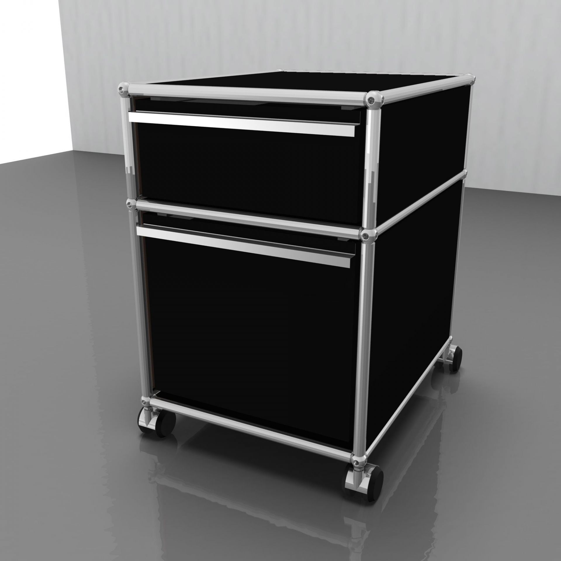 Schwarzer USM Haller Rollcontainer mit zwei Schubladen und Hängeregistratur für Büro und Arbeitszimmer.