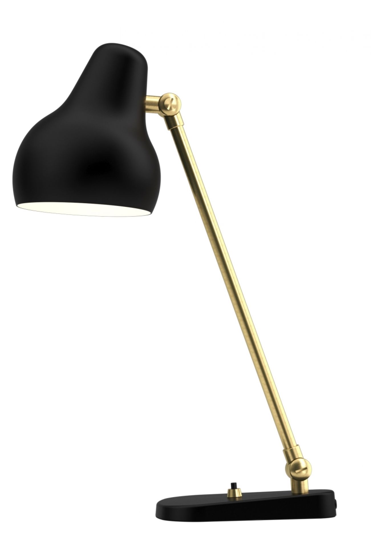 Schwarze VL38 Tischleuchte von Louis Poulsen mit goldenem Arm und minimalistischem Design für den Schreibtisch.