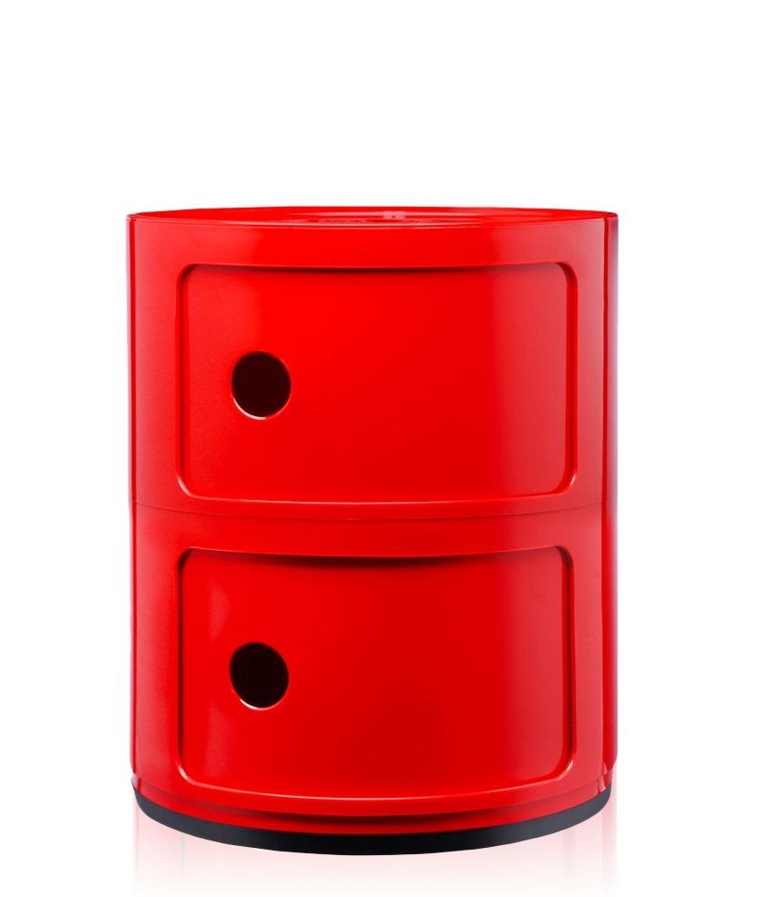Roter Kartell Componibili Container mit zwei Elementen, ideal als Nachttisch oder Aufbewahrungsmöbel.