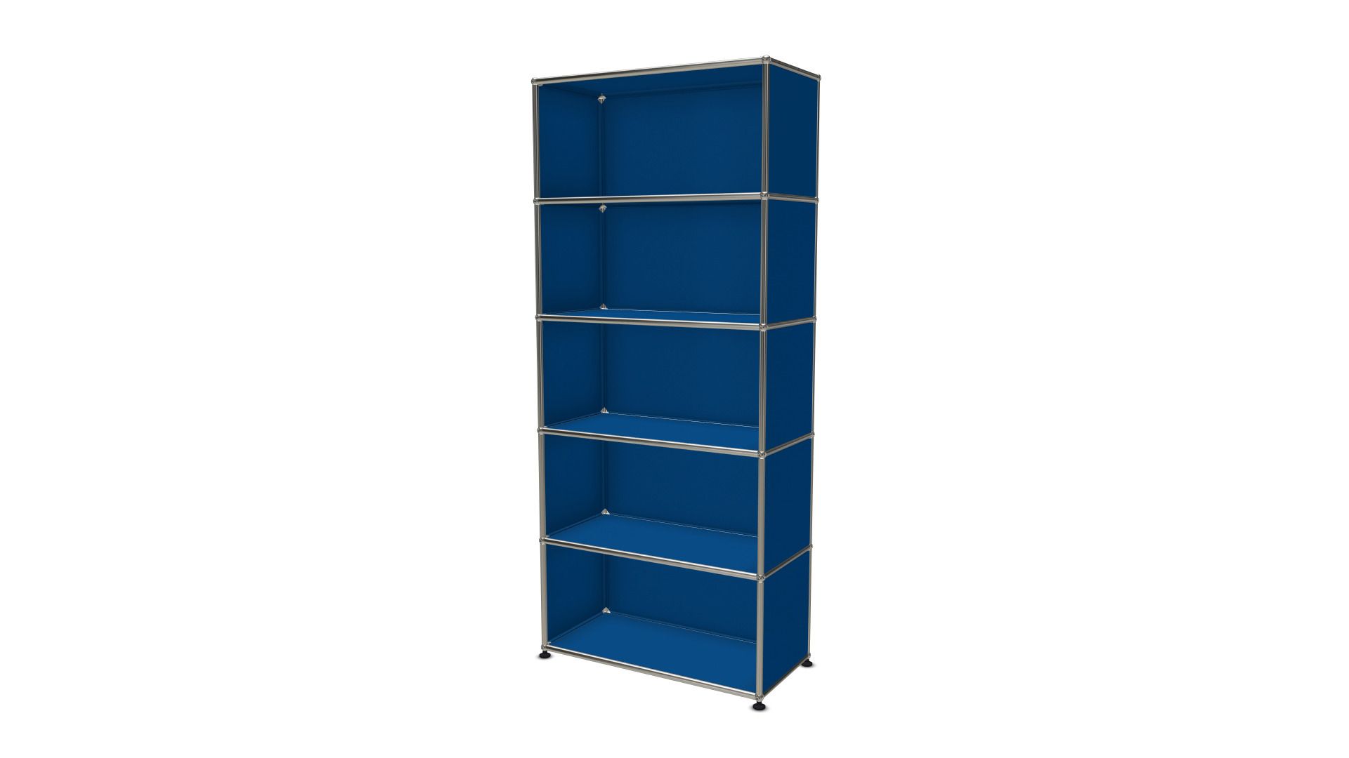 USM Haller Regal in Enzianblau mit fünf Fächern und verchromtem Gestell, modernes Design.