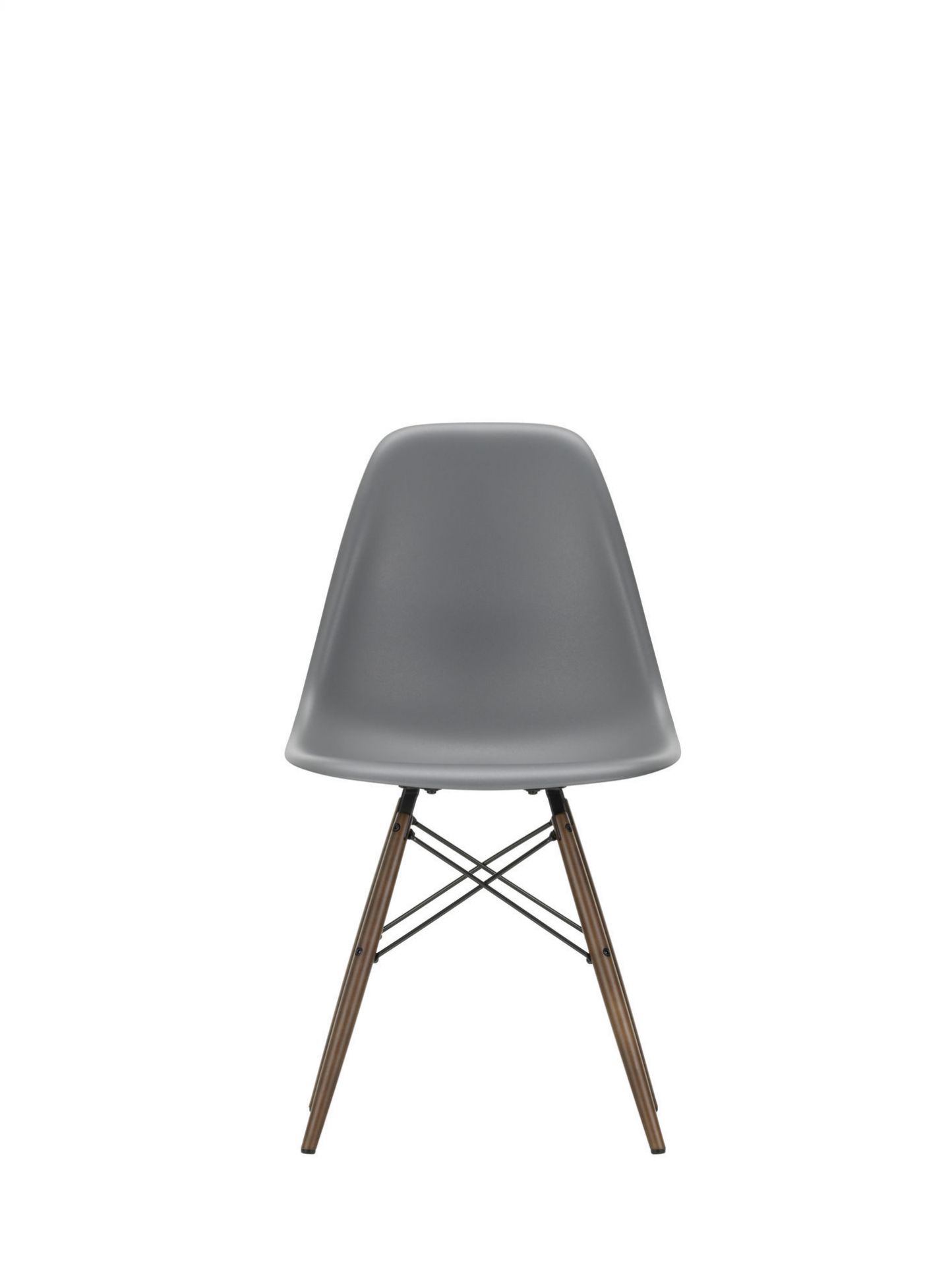 Eames Stuhl DSW Vitra, Eisgraue Sitzschale mit Ahorn-Holzgestell, moderner Designklassiker für Esszimmer und Büro.