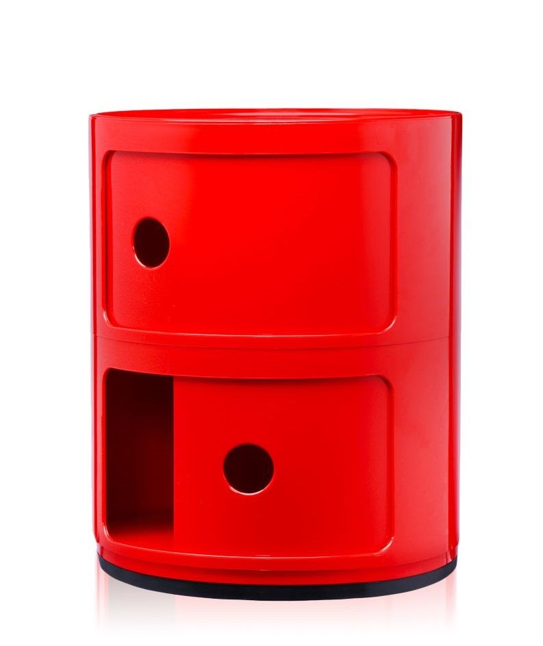 Rotes Kartell Componibili 2er Element Aufbewahrungsmöbel, Nachttisch mit zwei Fächern und runden Grifföffnungen.