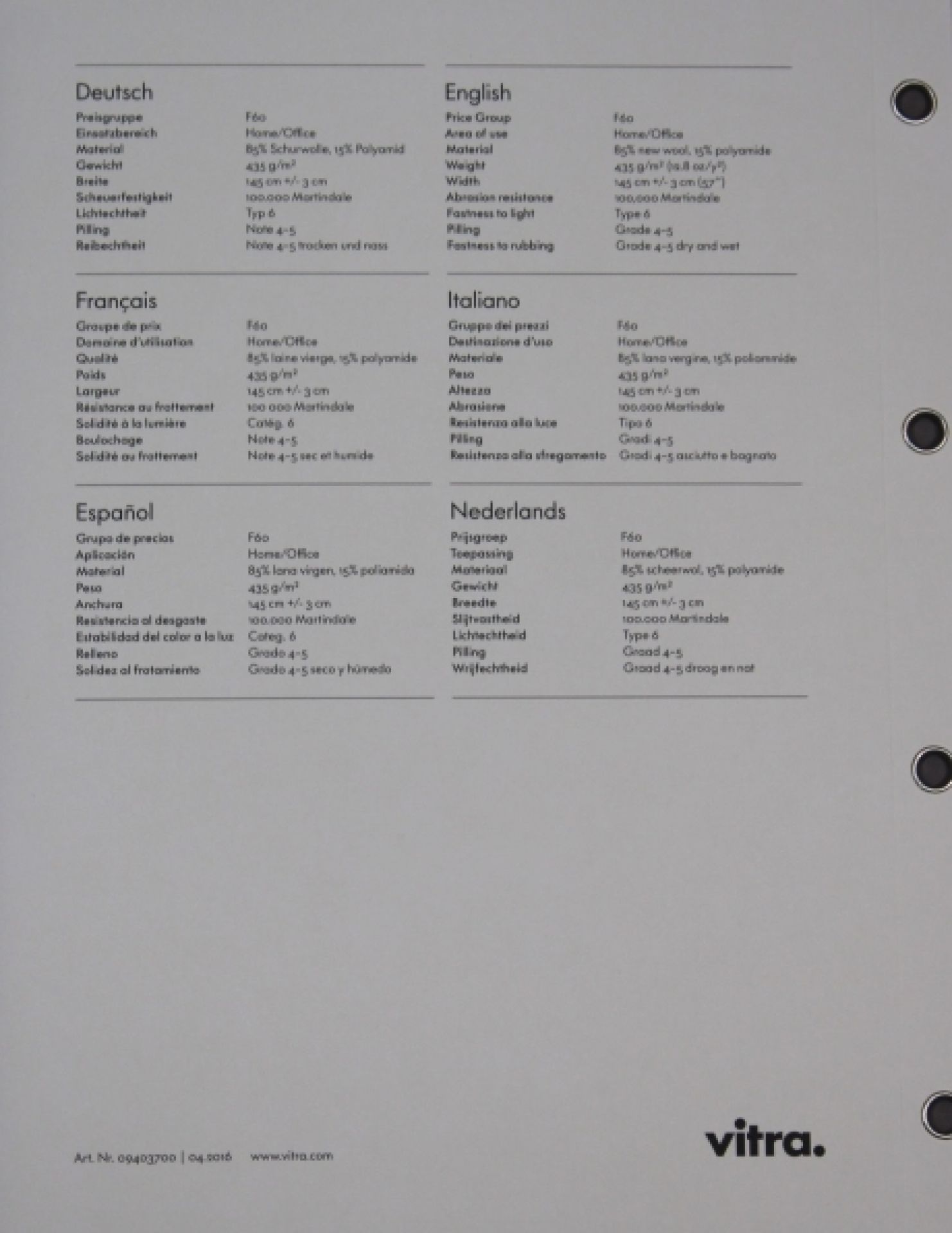 Stoffmusterkarte Volo Vitra
