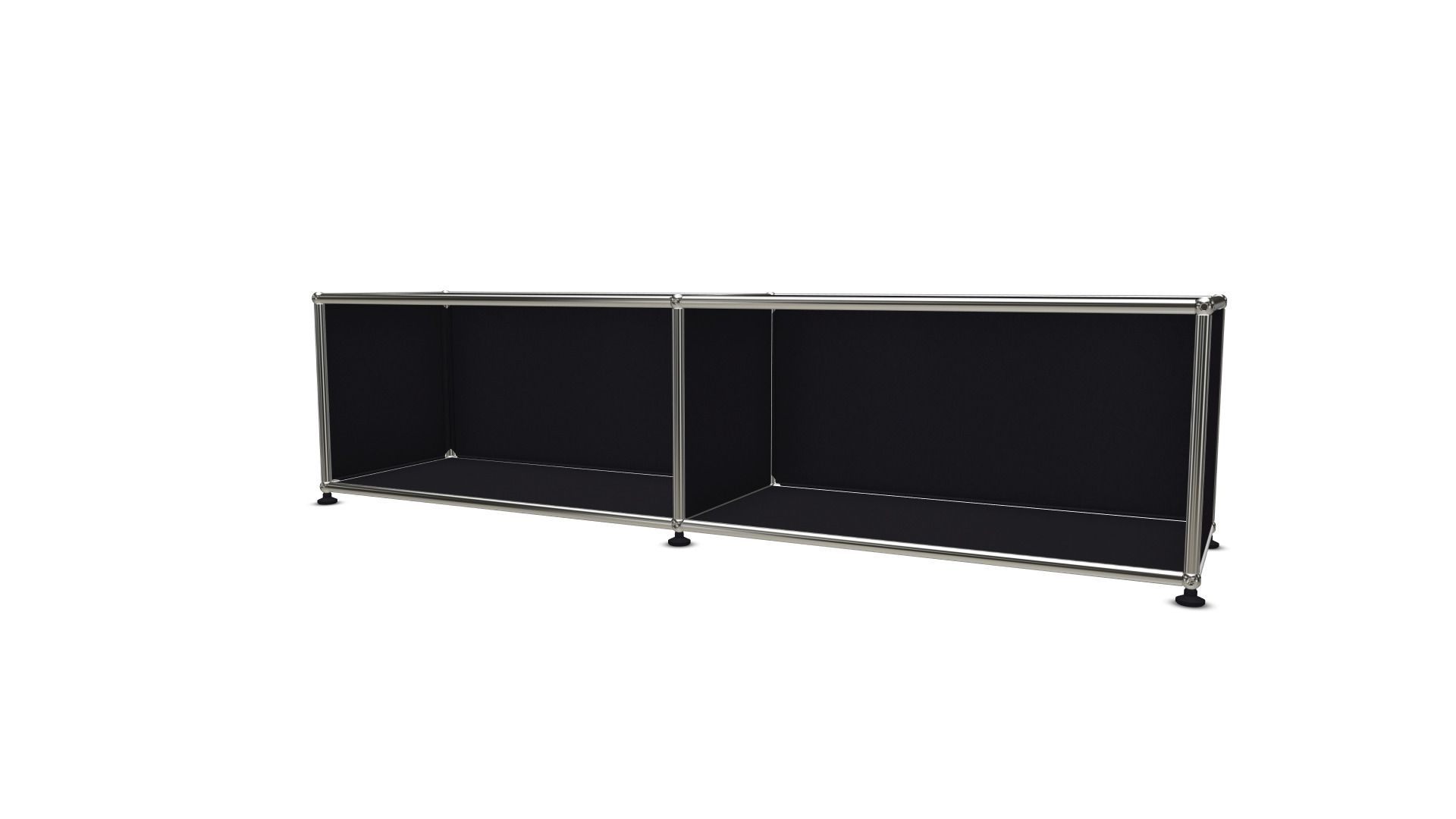 USM Haller Lowboard in Schwarz mit offenen Fächern und verchromtem Stahlrohrgestell, moderne Wohnzimmermöbel.