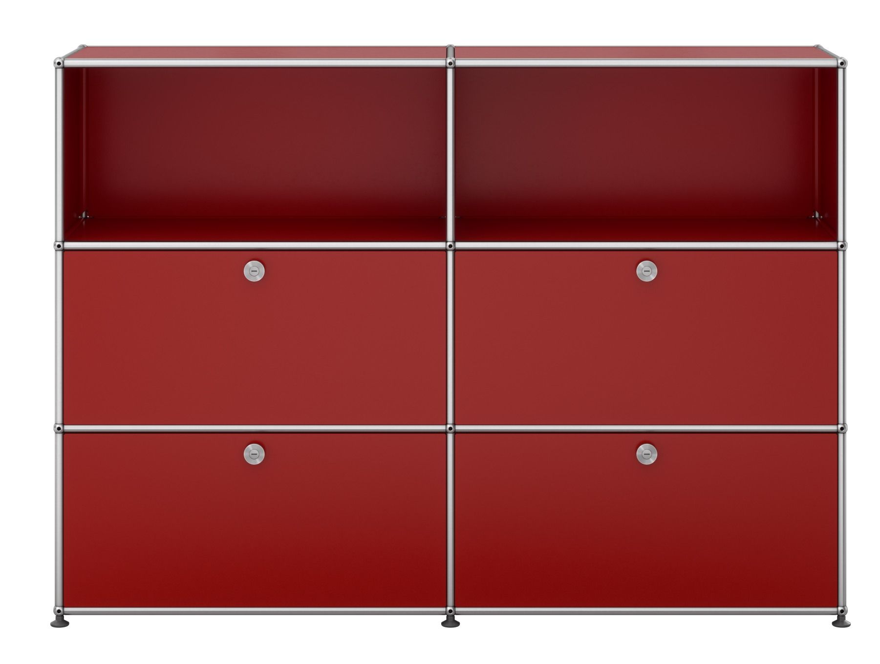 USM Haller Sideboard in Rubinrot mit vier Klappen, modernes modulares Möbeldesign für Wohnzimmer und Büro.