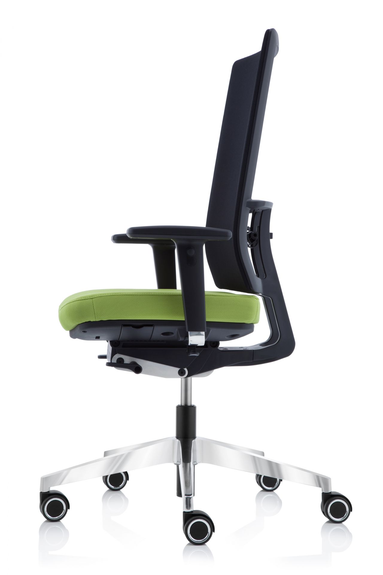 Anteo Up Bürostuhl von Köhl, Slimline-Design mit grünem Sitzpolster und schwarzer Rückenlehne. Ergonomischer Drehstuhl.
