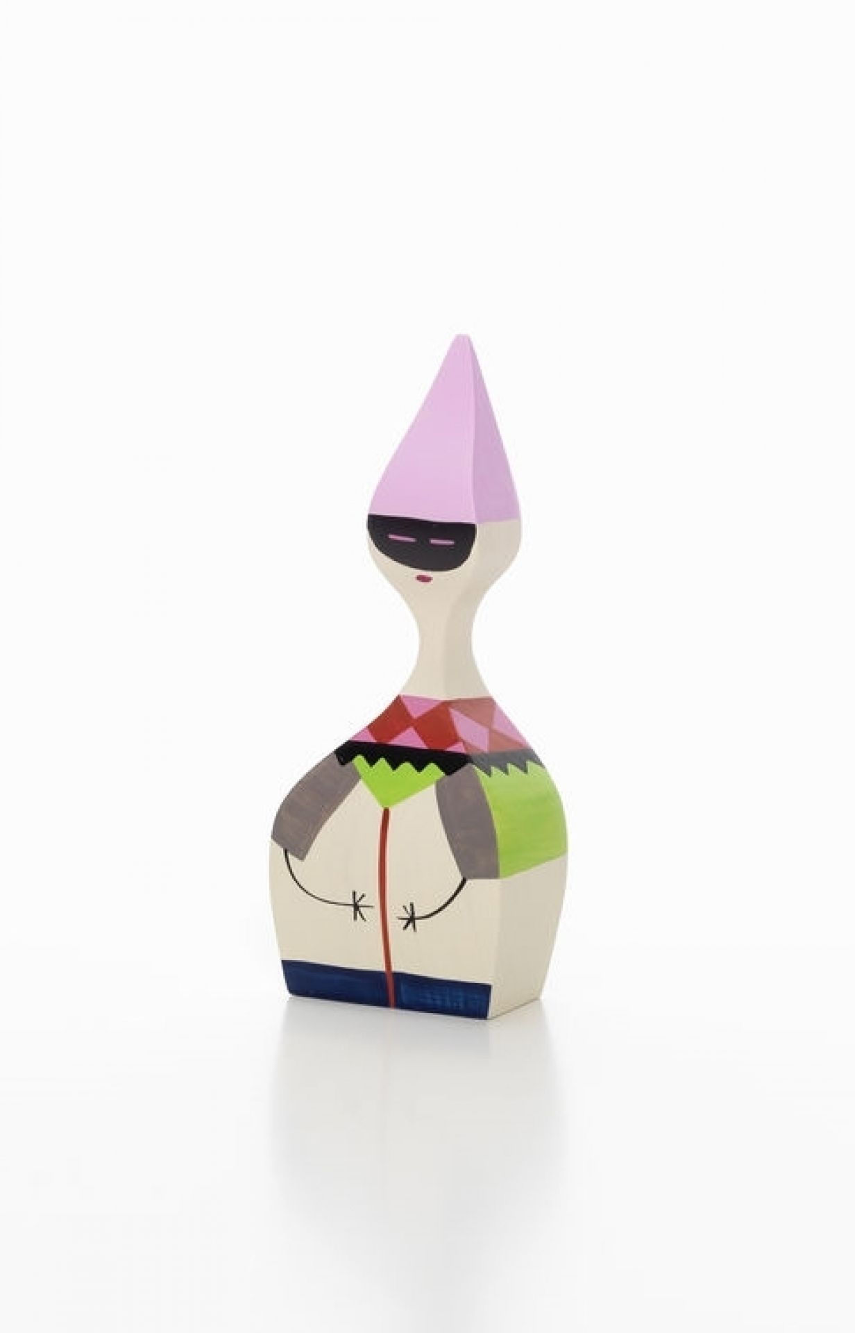 Holzfigur Vitra No 6: Dekorative Holzpuppe mit lilafarbenem Hut und geometrischen Mustern.