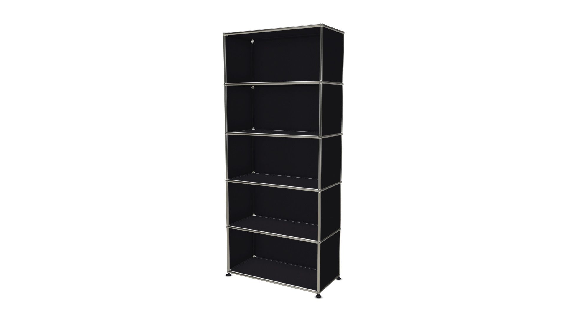 Schwarzes USM Haller Regal mit fünf Fächern, modernes modulares Designmöbel für Büro und Wohnzimmer.