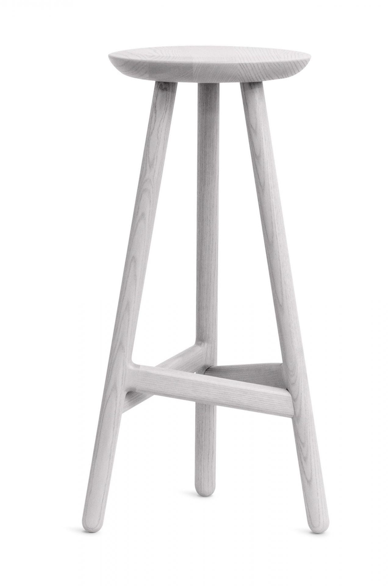 Ninety Stool Barhocker aus Esche in Grau. Moderner Hocker mit drei Beinen.