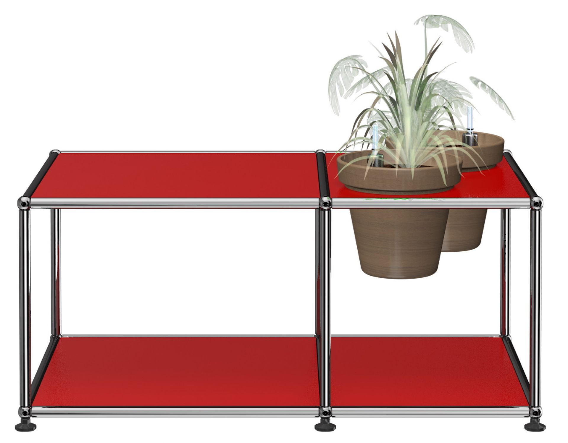 Rubinroter USM Haller Beistelltisch mit Pflanzenwelten-Dekoration. Moderner Design-Tisch für Wohnzimmer und Büro.