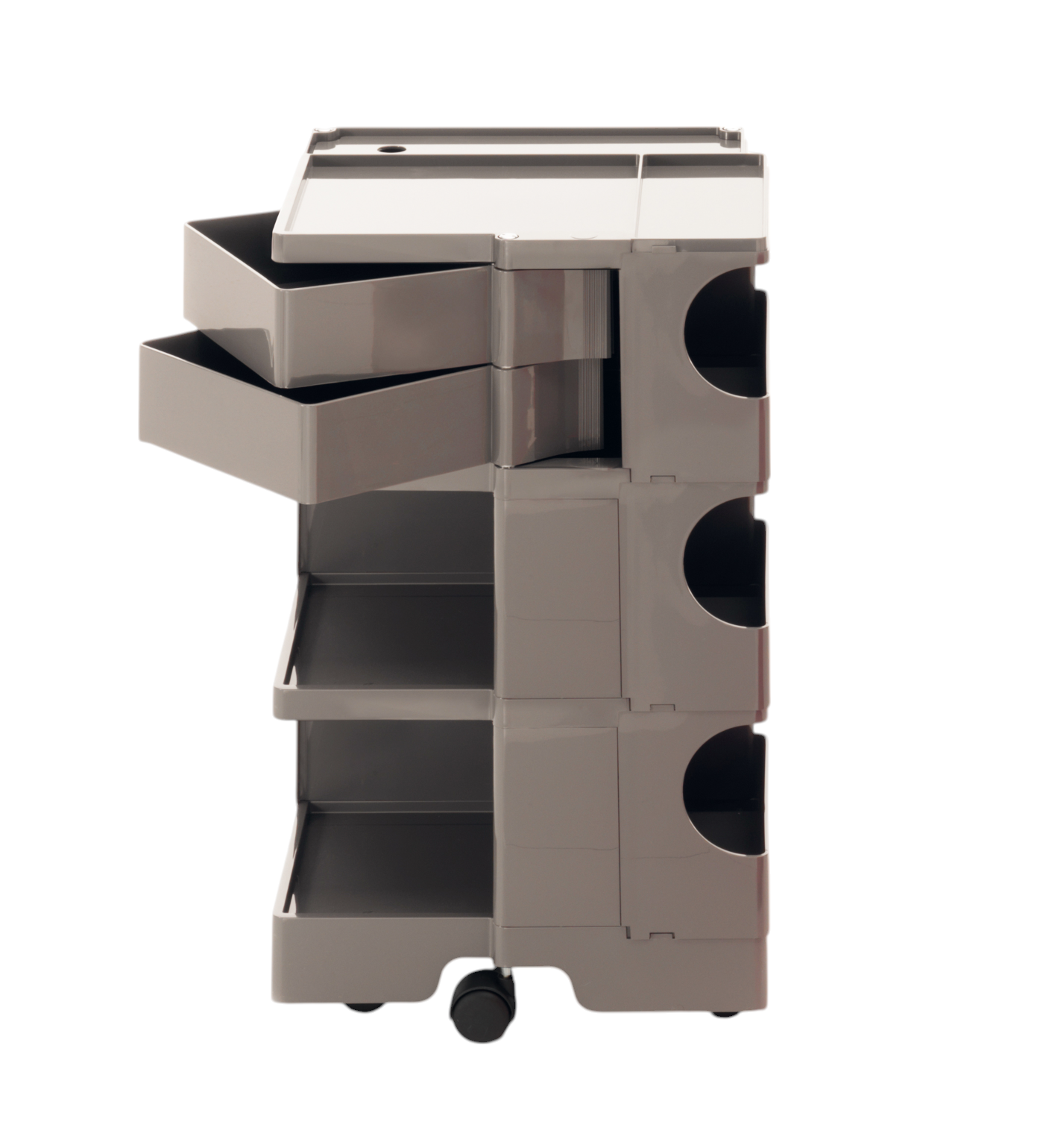 Boby Rollcontainer B32 Cumin: Multifunktionaler, grauer Rollwagen mit Schubladen, Ablagen und Rollen für Büro und Zuhause.