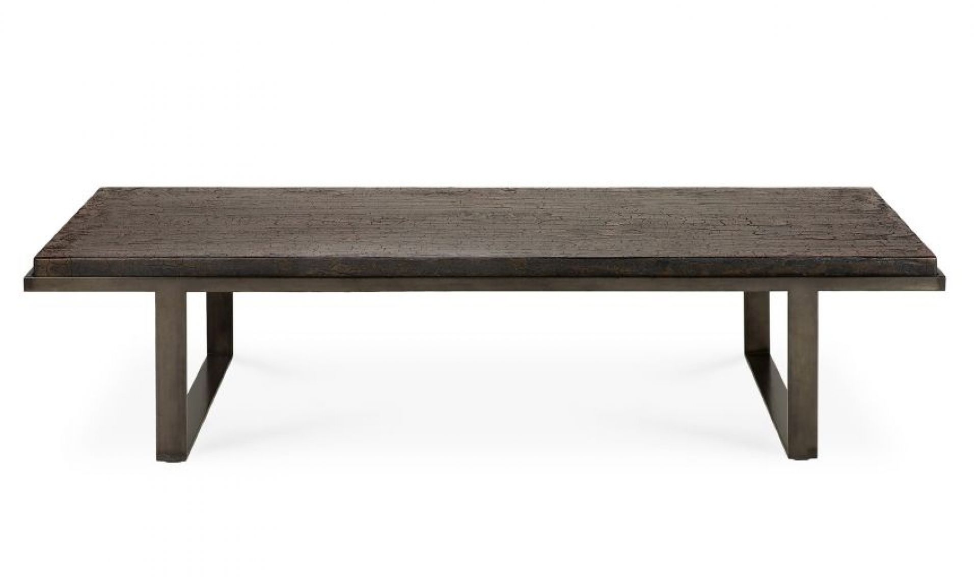 Ethnicraft Stability Couchtisch in Umberbraun: Rechteckiger Wohnzimmertisch aus massivem Teakholz mit Metallgestell.